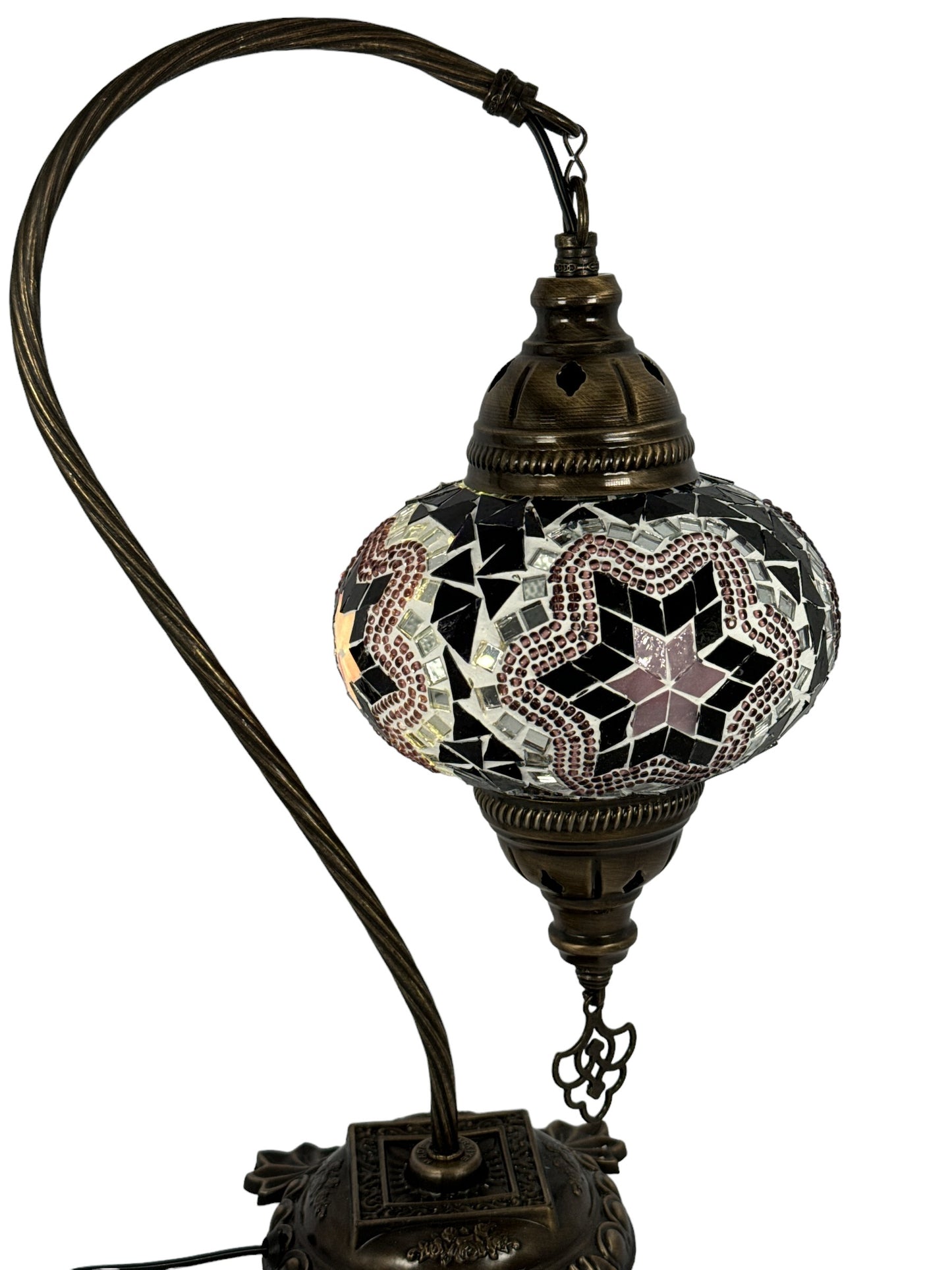 Turkish Bedside Table Desk Lamp Handmade Unique Mosaic Glass Purple Star Bronze Base with Led Bulb