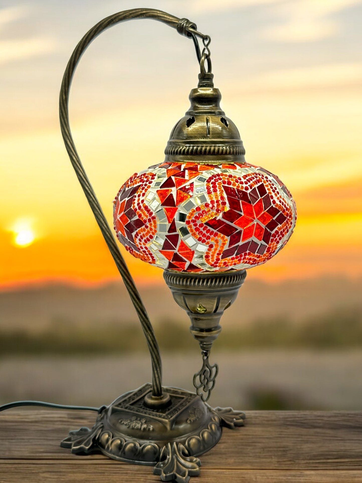 Turkish Bedside Table Desk Lamp Handmade Unique Mosaic Glass Red Star Bronze Base with Led Bulb