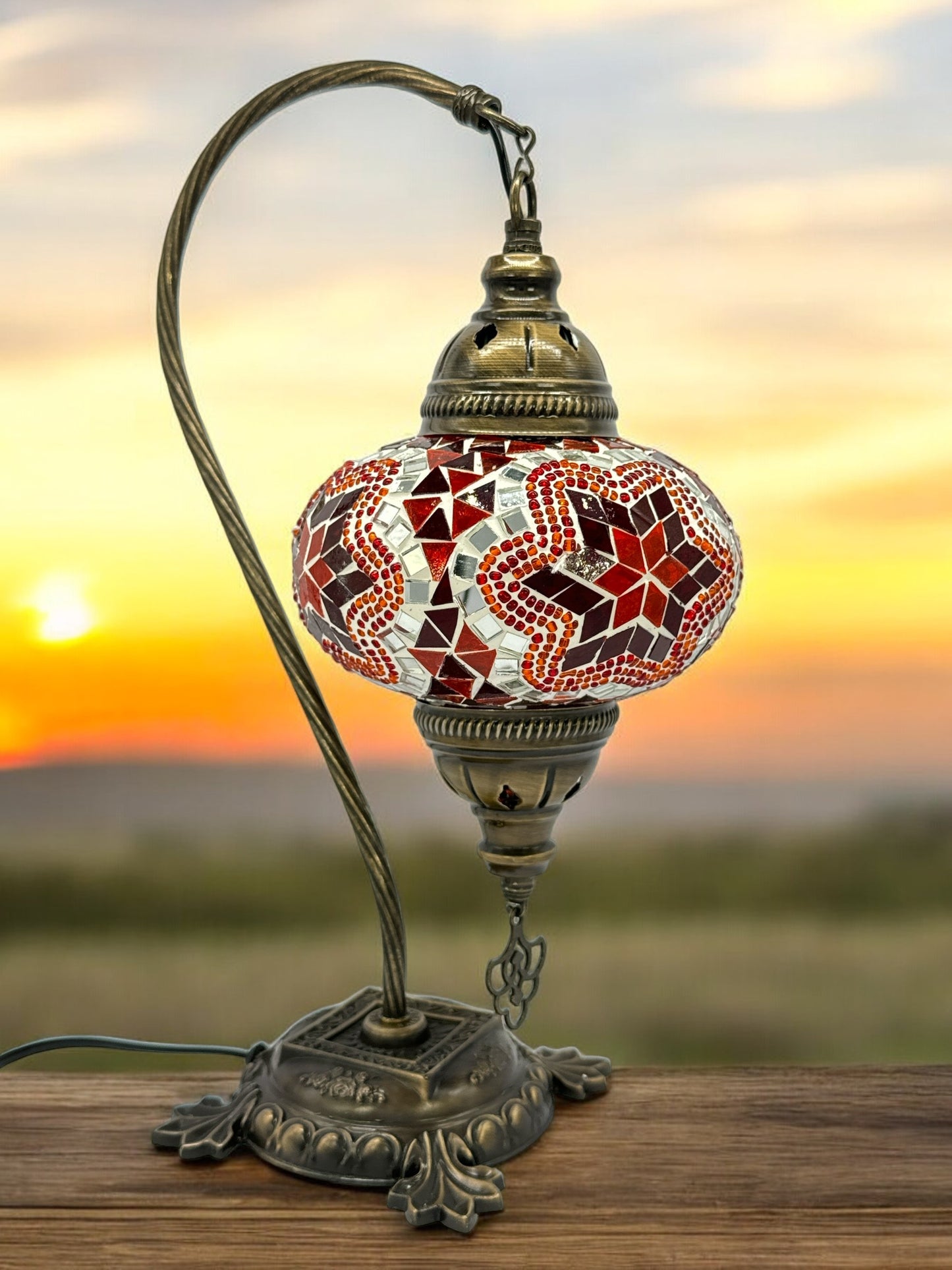 Turkish Bedside Table Desk Lamp Handmade Unique Mosaic Glass Red Star Bronze Base with Led Bulb
