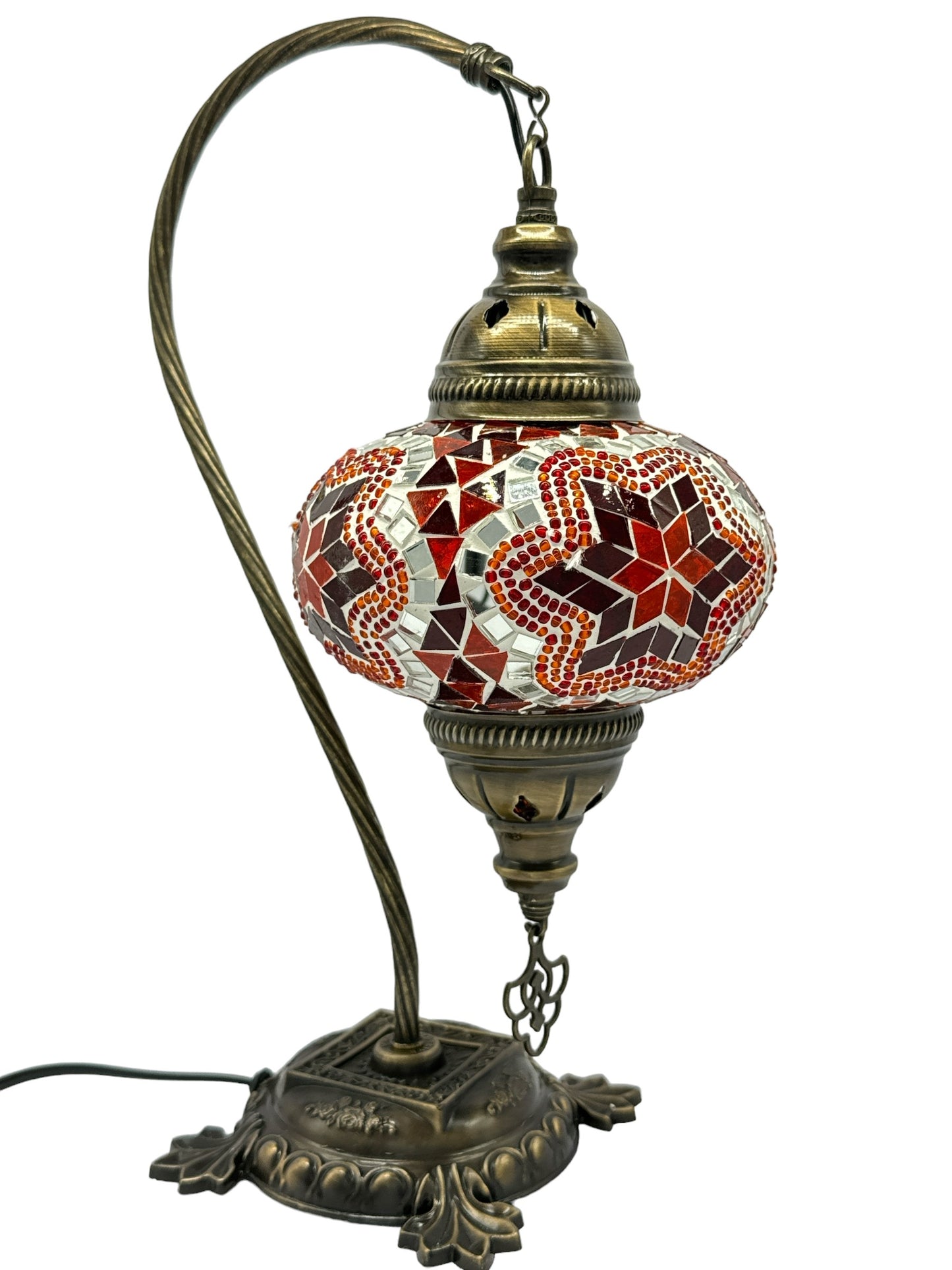 Turkish Bedside Table Desk Lamp Handmade Unique Mosaic Glass Red Star Bronze Base with Led Bulb