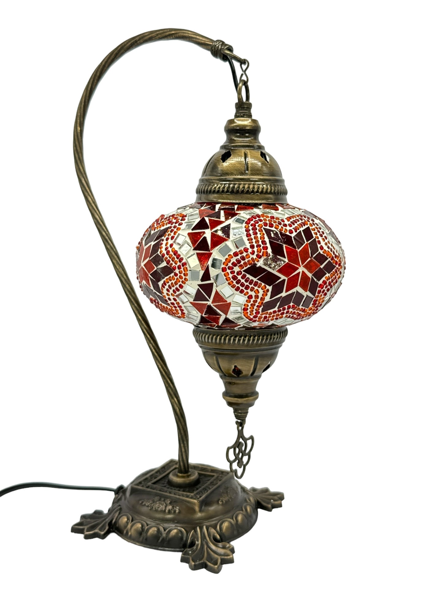 Turkish Bedside Table Desk Lamp Handmade Unique Mosaic Glass Red Star Bronze Base with Led Bulb