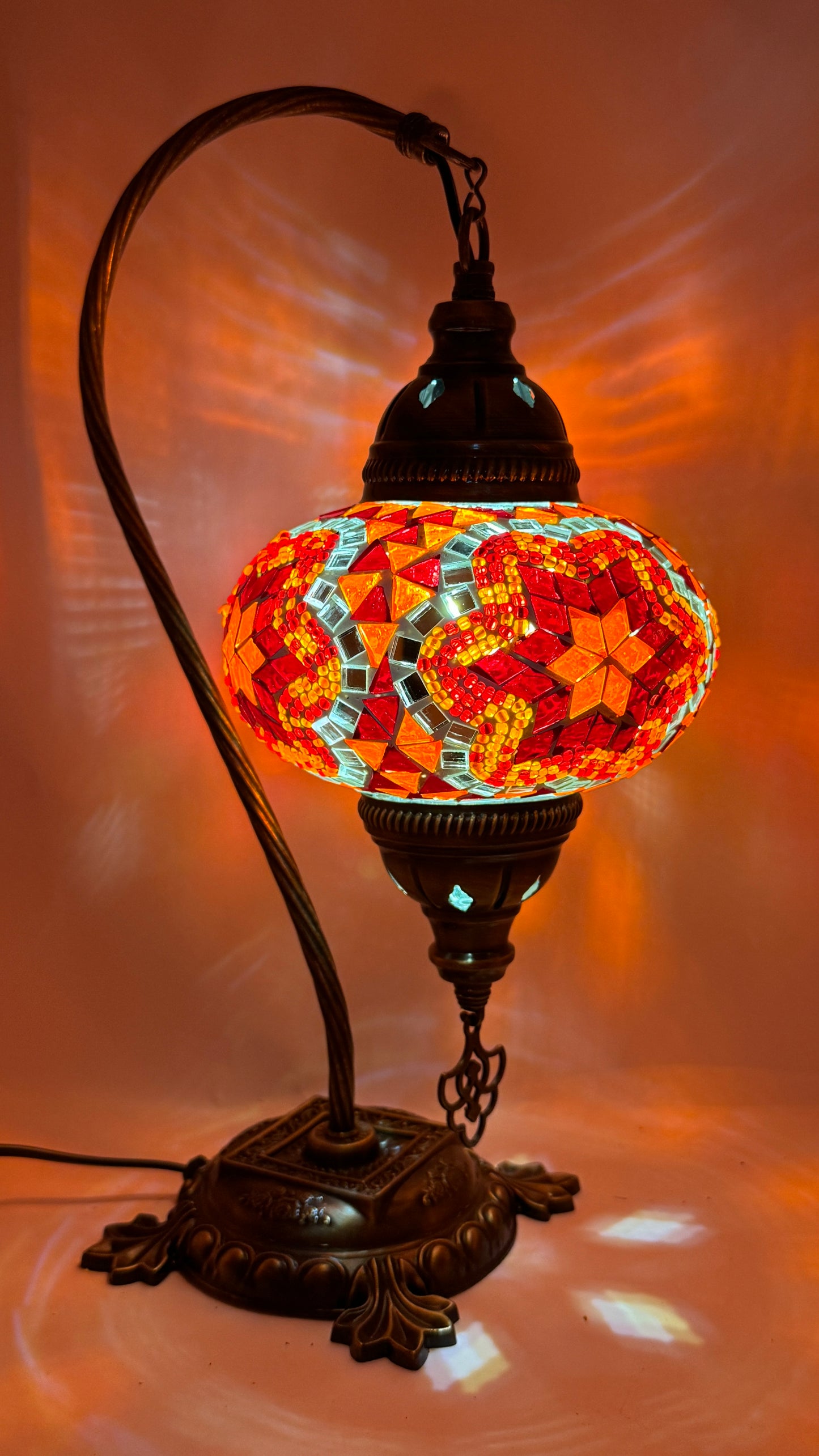 Turkish Bedside Table Desk Lamp Handmade Unique Mosaic Glass Red Star Bronze Base with Led Bulb