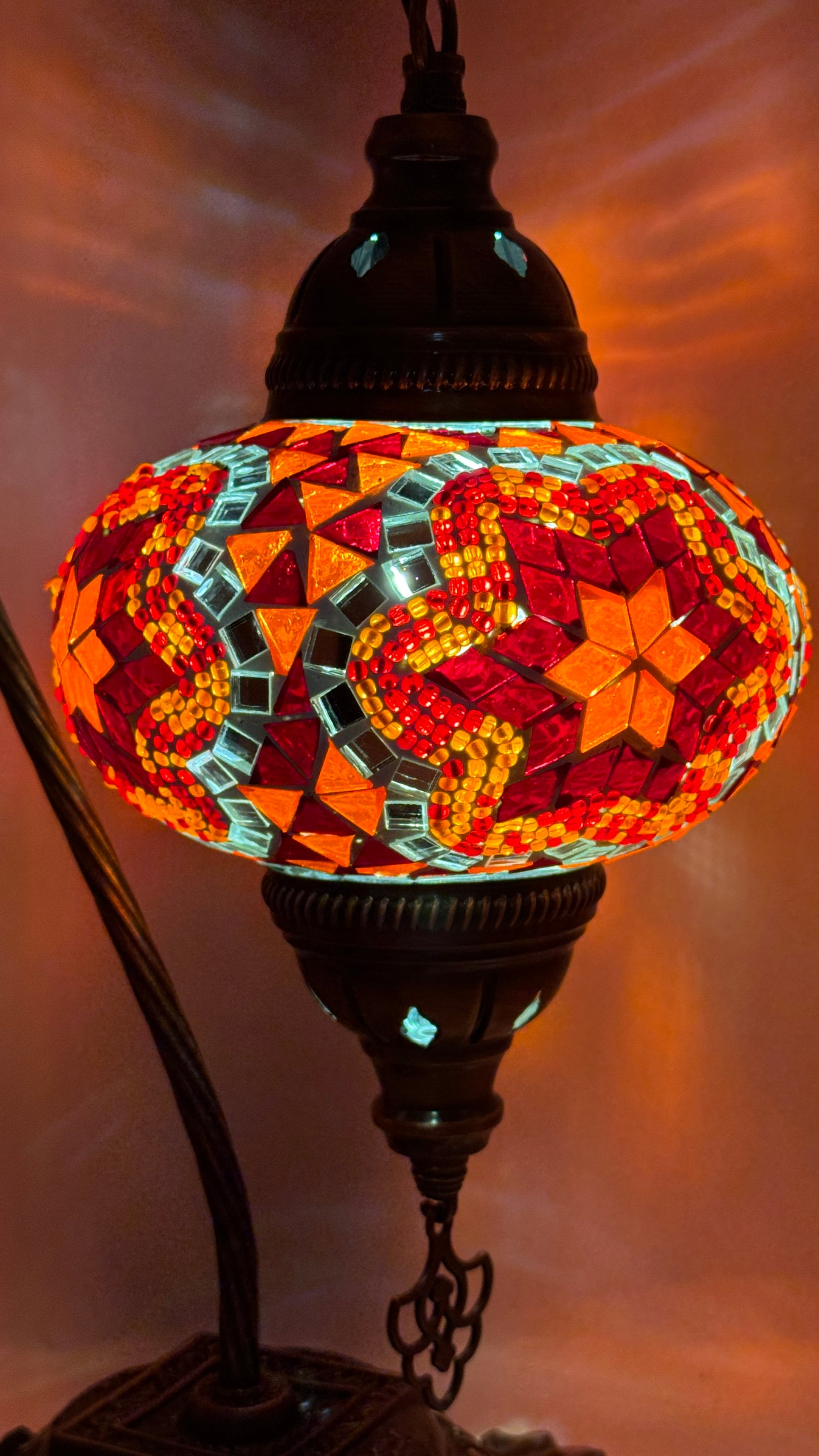 Turkish Bedside Table Desk Lamp Handmade Unique Mosaic Glass Red Star Bronze Base with Led Bulb