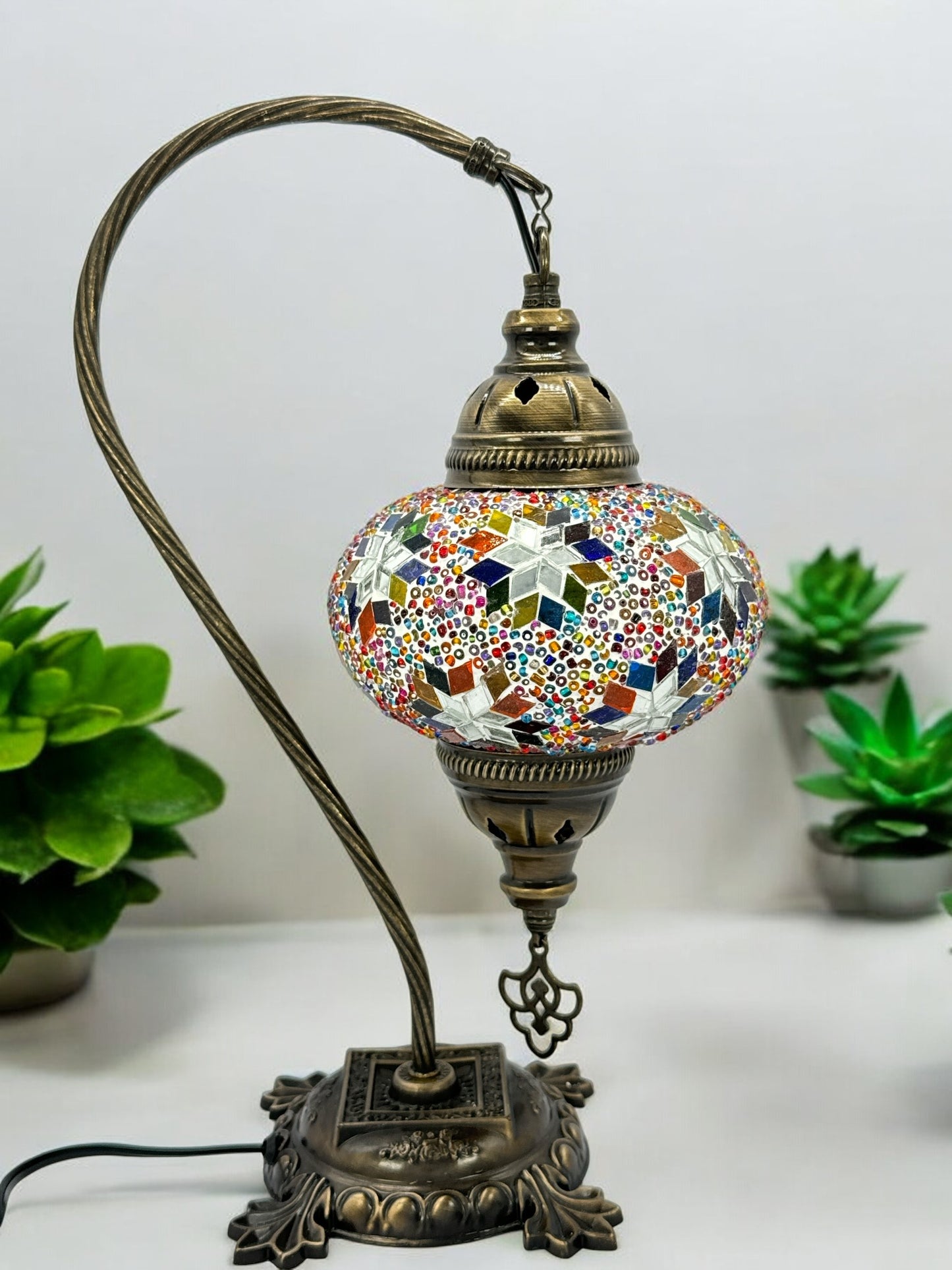 Turkish Bedside Table Desk Lamp Handmade Unique Mosaic Glass Star Mix Multicolour Bronze Base with Led Bulb