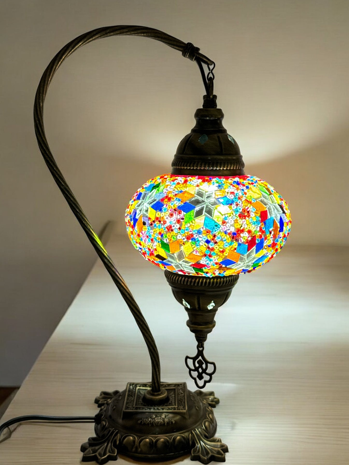 Turkish Bedside Table Desk Lamp Handmade Unique Mosaic Glass Star Mix Multicolour Bronze Base with Led Bulb