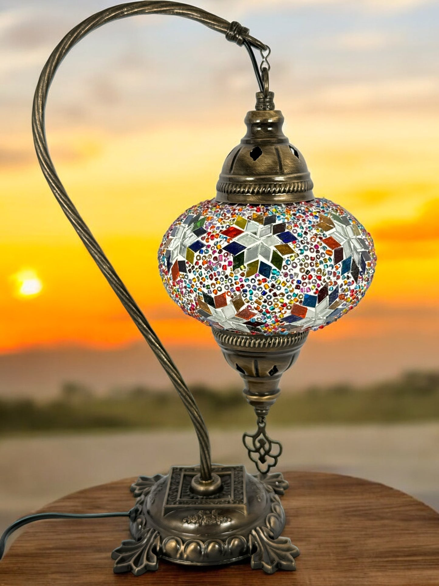 Turkish Bedside Table Desk Lamp Handmade Unique Mosaic Glass Star Mix Multicolour Bronze Base with Led Bulb
