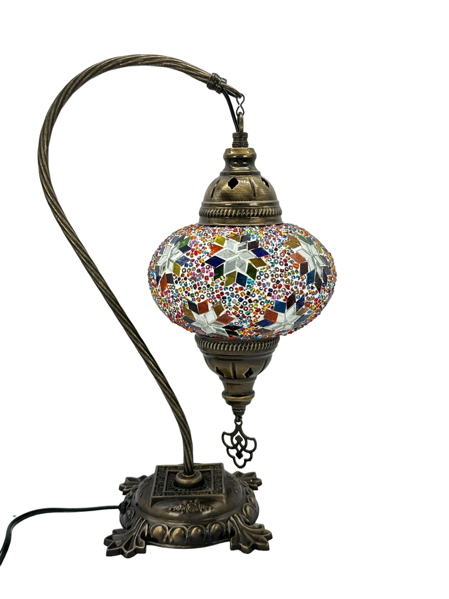 Turkish Bedside Table Desk Lamp Handmade Unique Mosaic Glass Star Mix Multicolour Bronze Base with Led Bulb