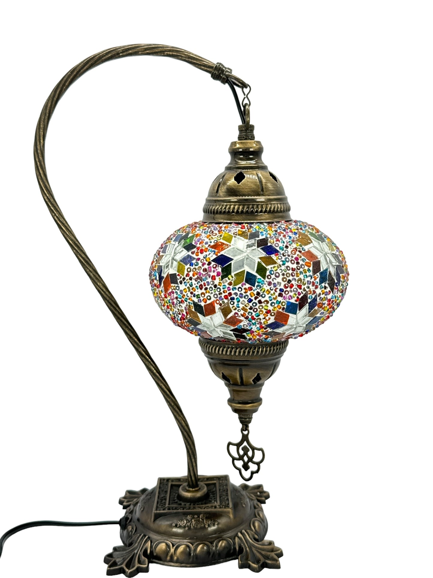 Turkish Bedside Table Desk Lamp Handmade Unique Mosaic Glass Star Mix Multicolour Bronze Base with Led Bulb