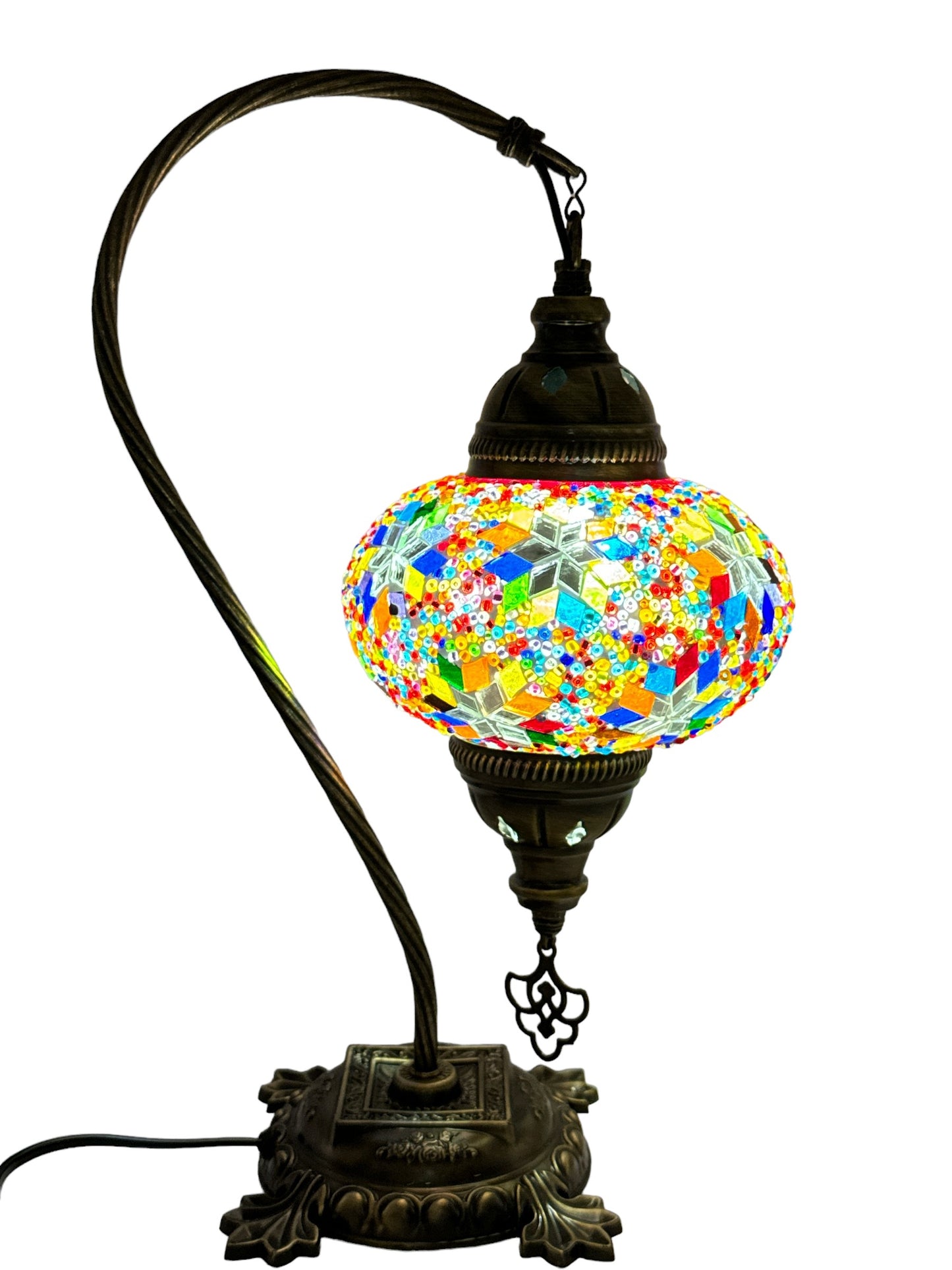 Turkish Bedside Table Desk Lamp Handmade Unique Mosaic Glass Star Mix Multicolour Bronze Base with Led Bulb