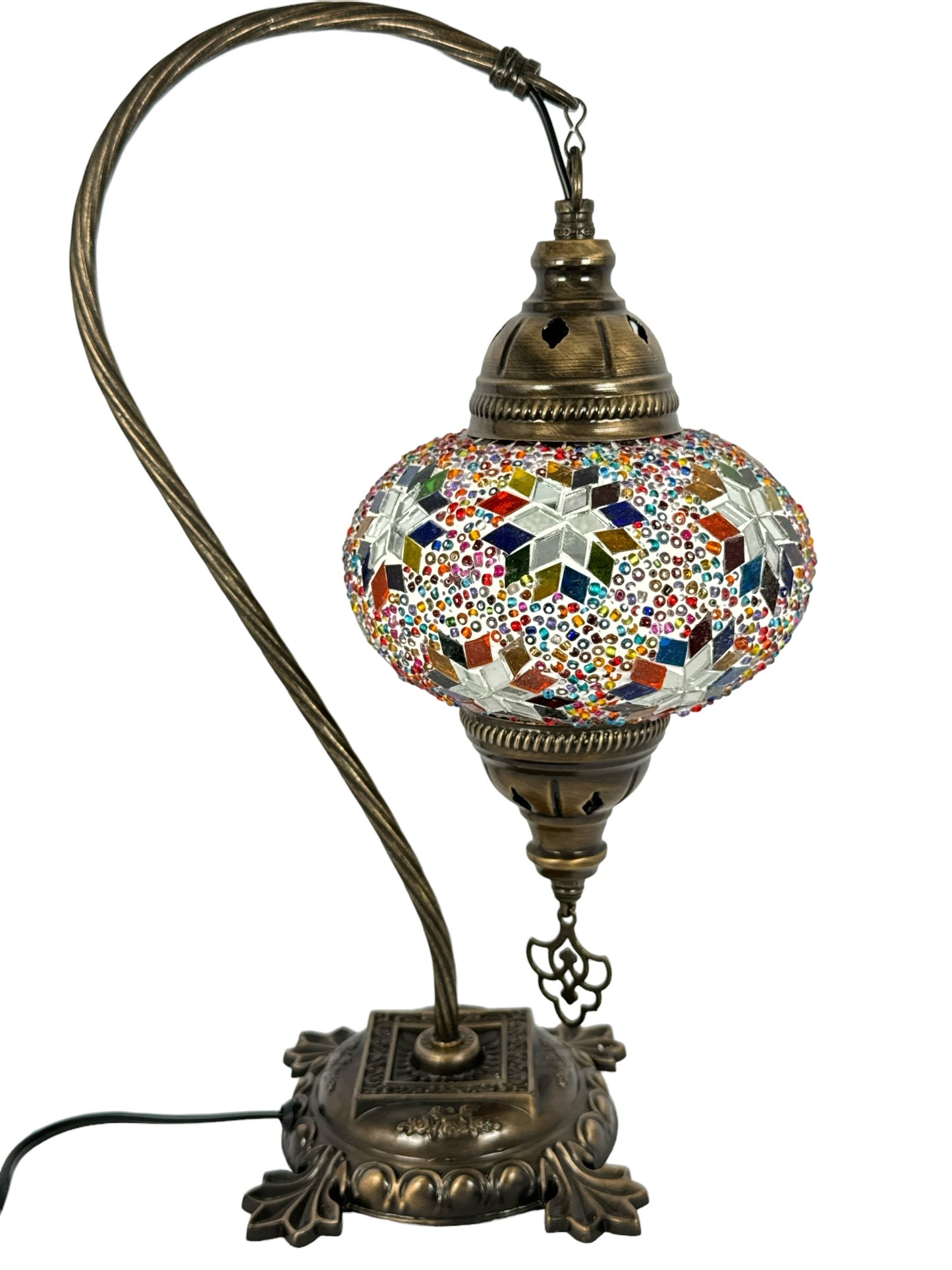 Turkish Bedside Table Desk Lamp Handmade Unique Mosaic Glass Star Mix Multicolour Bronze Base with Led Bulb
