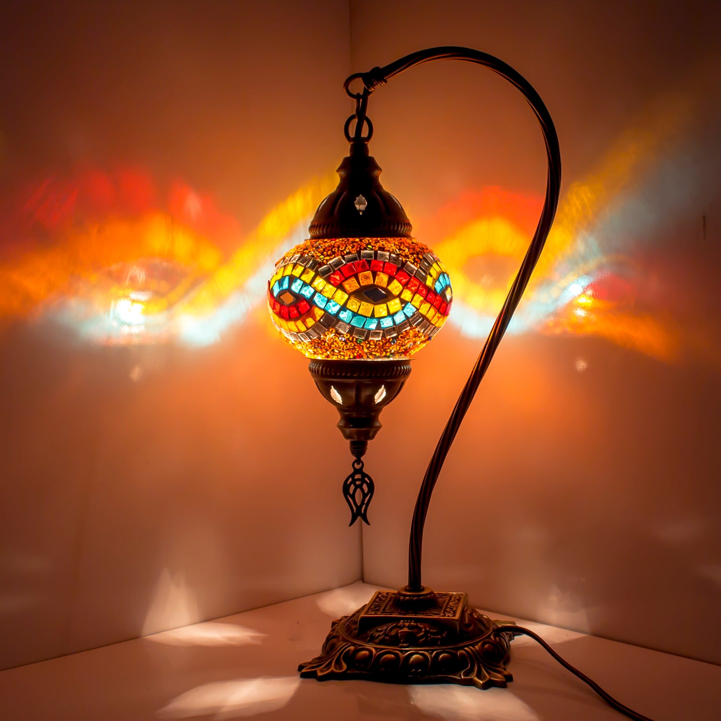 Turkish Bedside Table Desk Lamp Handmade Unique Mosaic Glass Multicoloured Lamp Bronze Base with Led Bulb