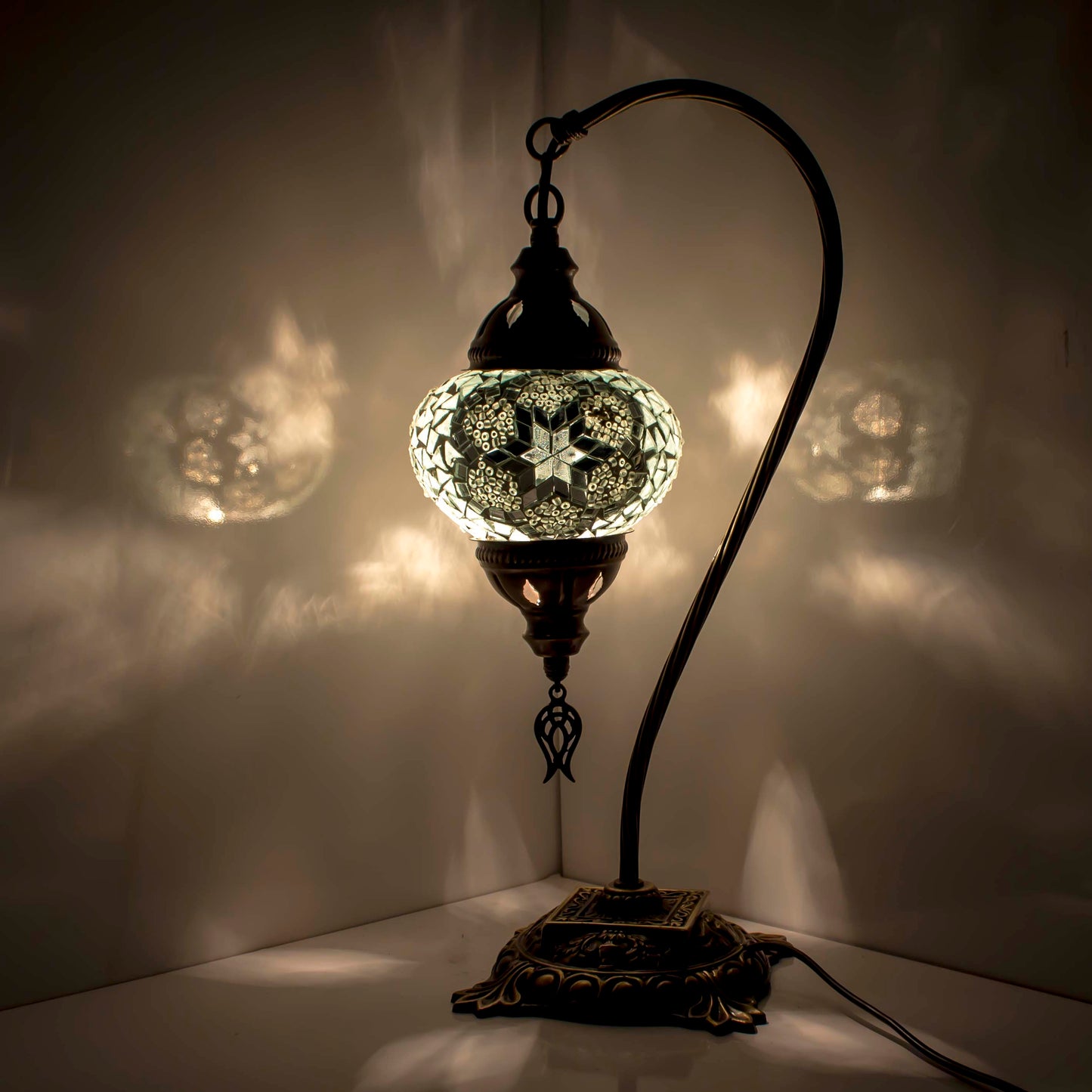 Turkish Bedside Table Desk Lamp Unique Mosaic Glass White Lamp Bronze Base with Led Bulb