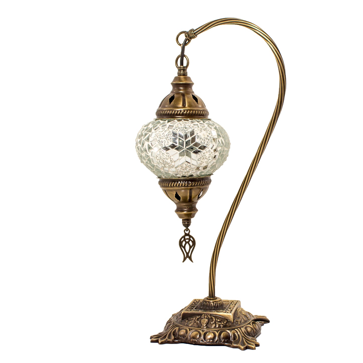 Turkish Bedside Table Desk Lamp Unique Mosaic Glass White Lamp Bronze Base with Led Bulb