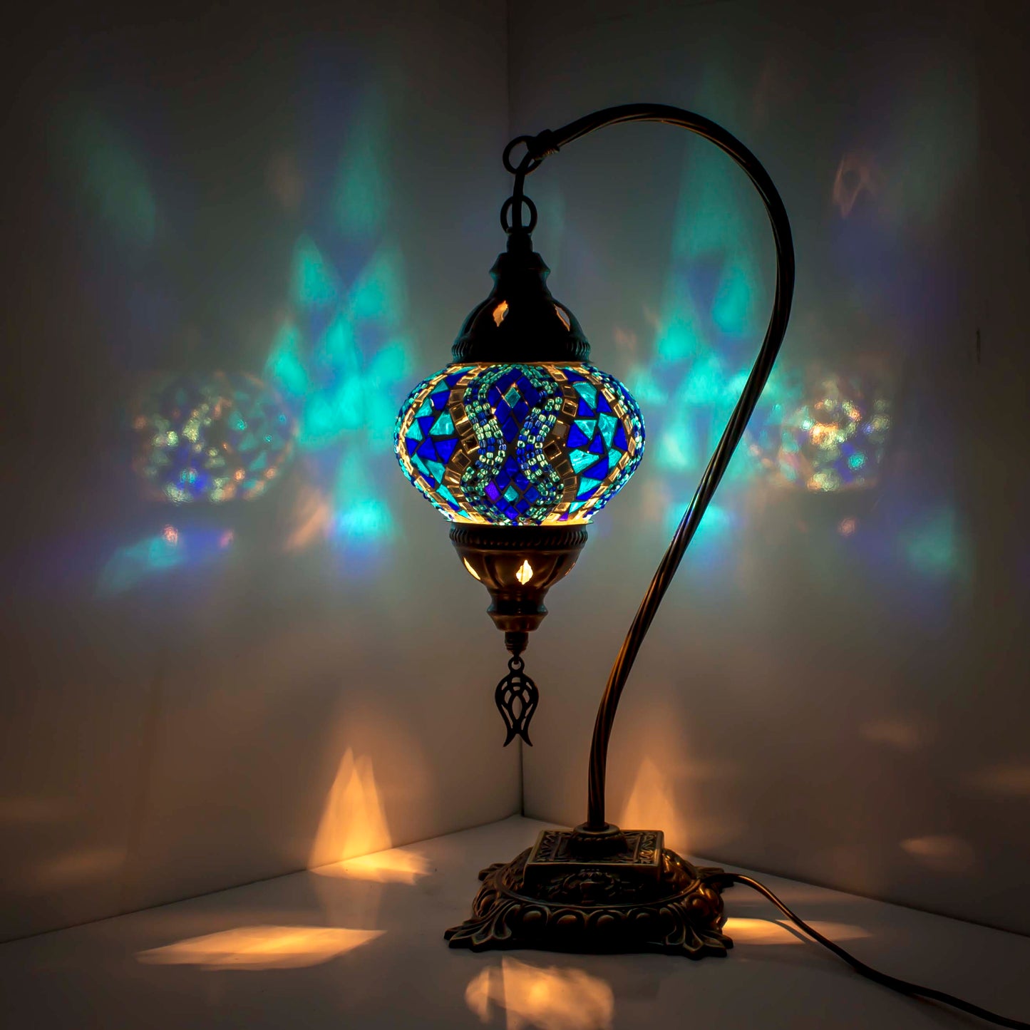 Turkish Bedside Table Desk Lamp Unique Mosaic Glass Blue Lamp Bronze Base with Led Bulb