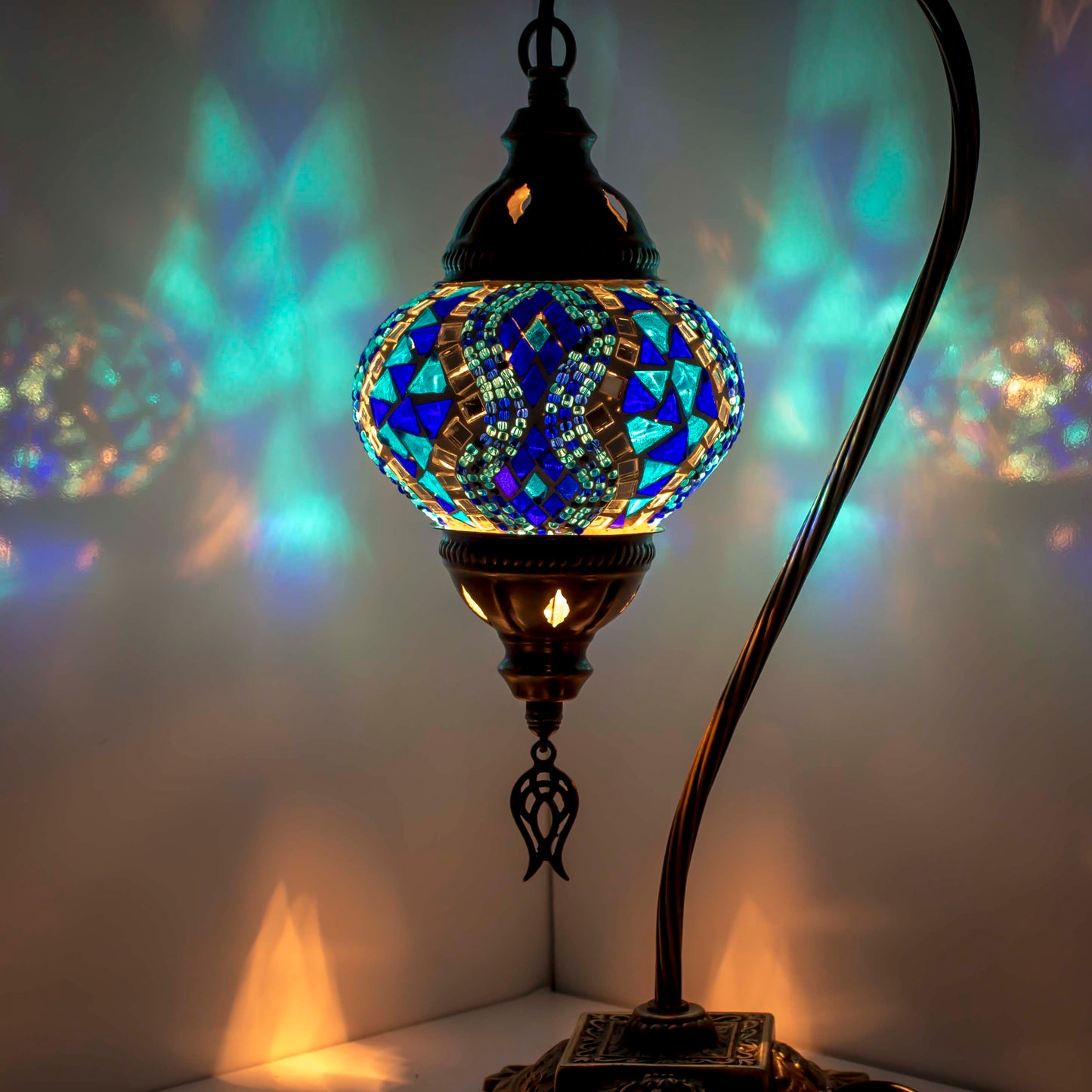 Turkish Bedside Table Desk Lamp Unique Mosaic Glass Blue Lamp Bronze Base with Led Bulb