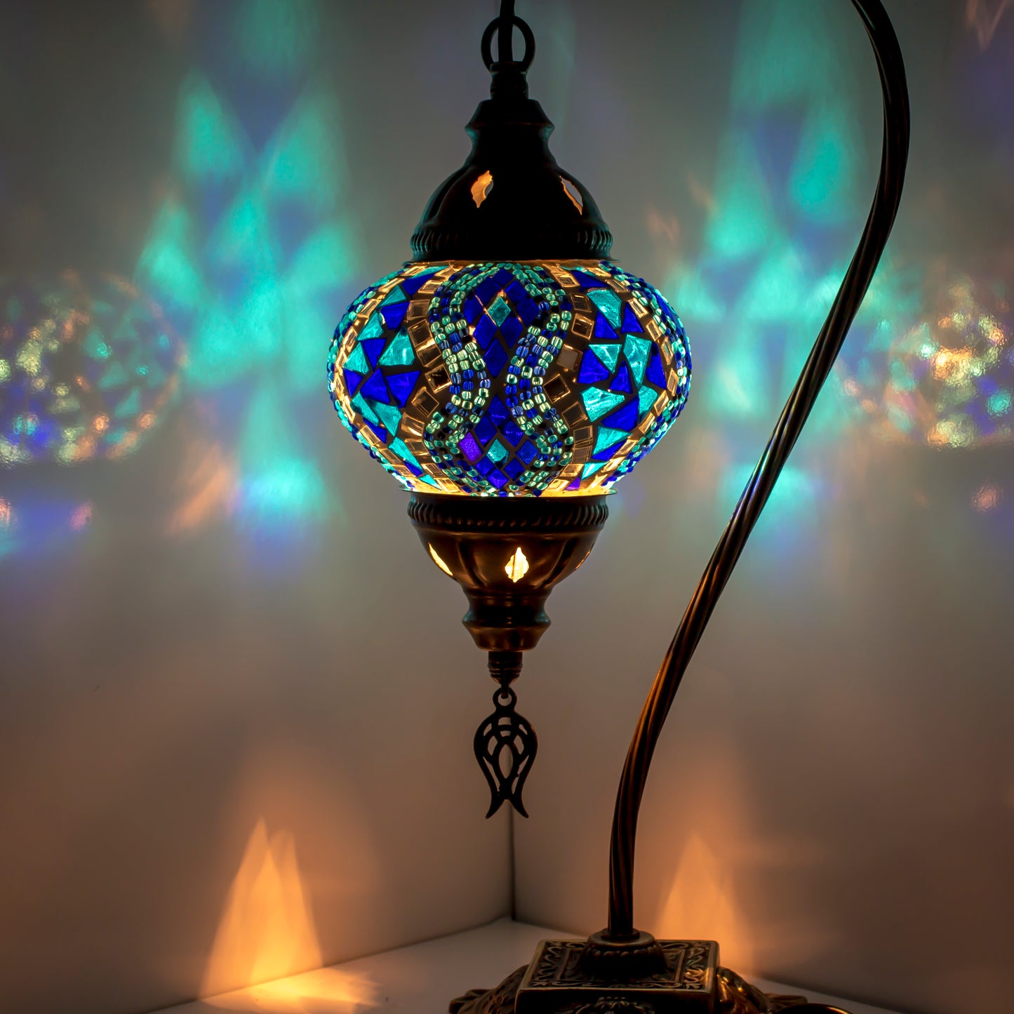 Turkish Bedside Table Desk Lamp Unique Mosaic Glass Blue Lamp Bronze Base with Led Bulb