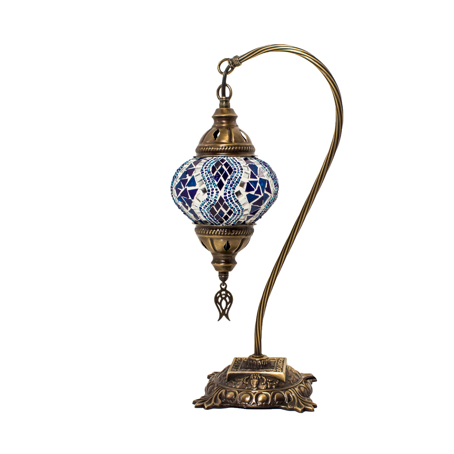 Turkish Bedside Table Desk Lamp Unique Mosaic Glass Blue Lamp Bronze Base with Led Bulb