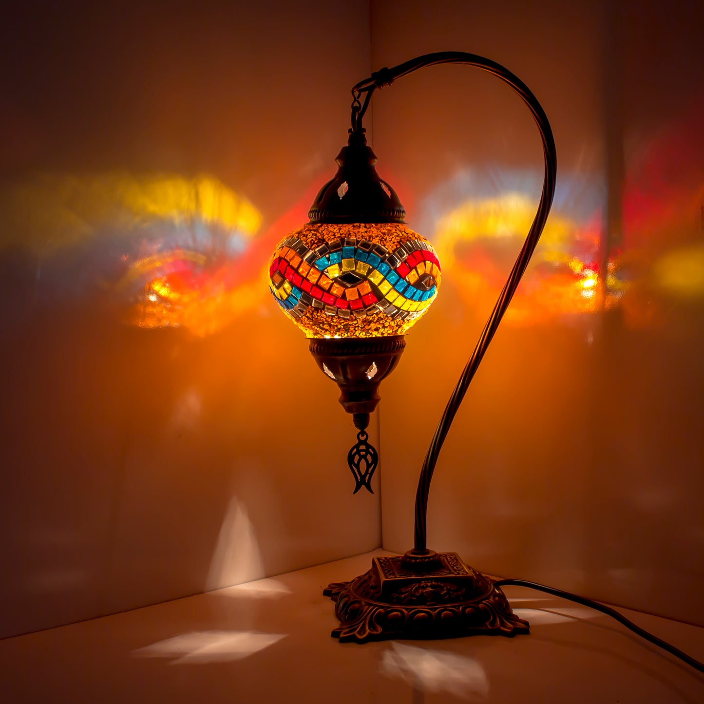 Turkish Bedside Table Desk Lamp Handmade Unique Mosaic Glass Multicoloured Lamp Bronze Base with Led Bulb