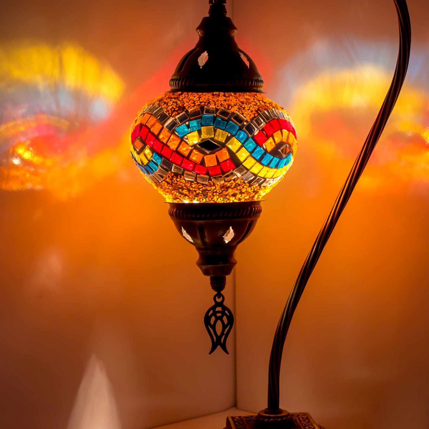 Turkish Bedside Table Desk Lamp Handmade Unique Mosaic Glass Multicoloured Lamp Bronze Base with Led Bulb