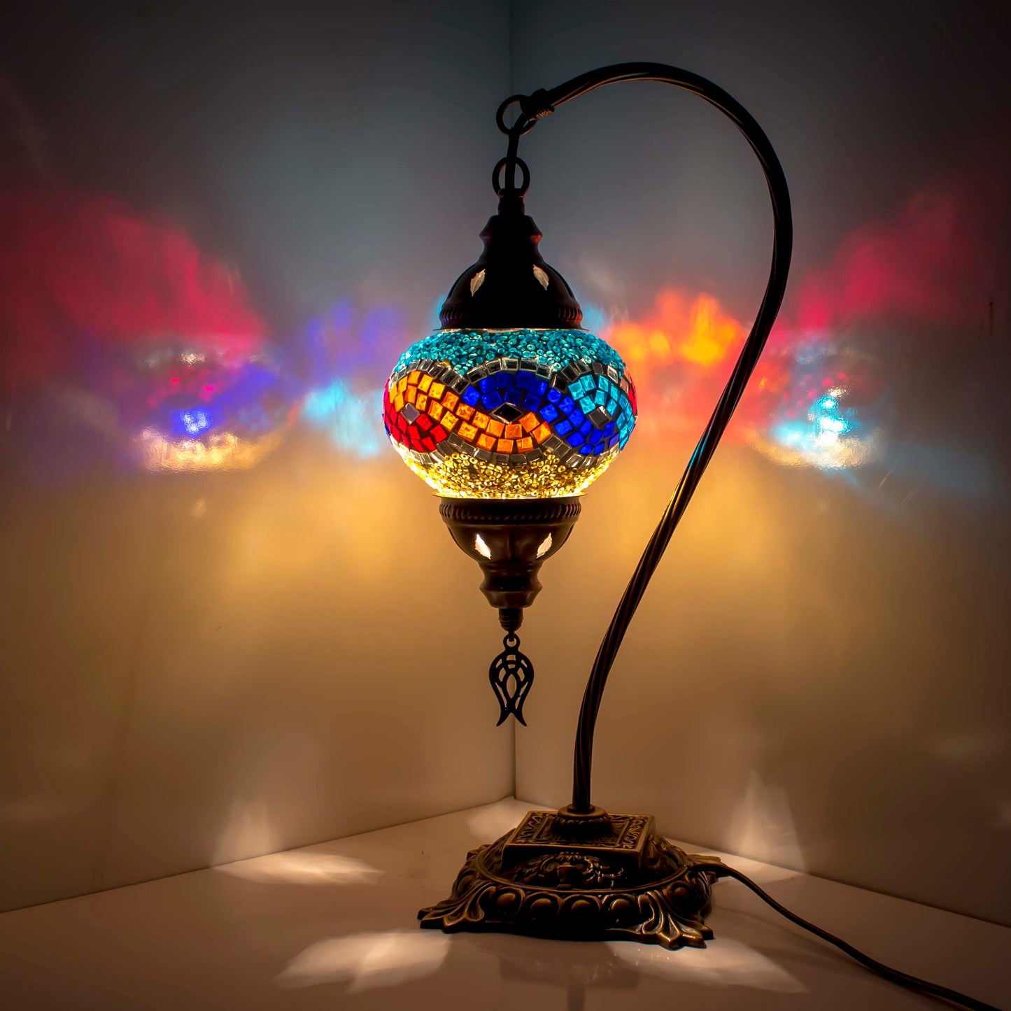 Turkish Bedside Table Desk Lamp Handmade Unique Mosaic Glass Multicoloured Lamp Bronze Base with Led Bulb