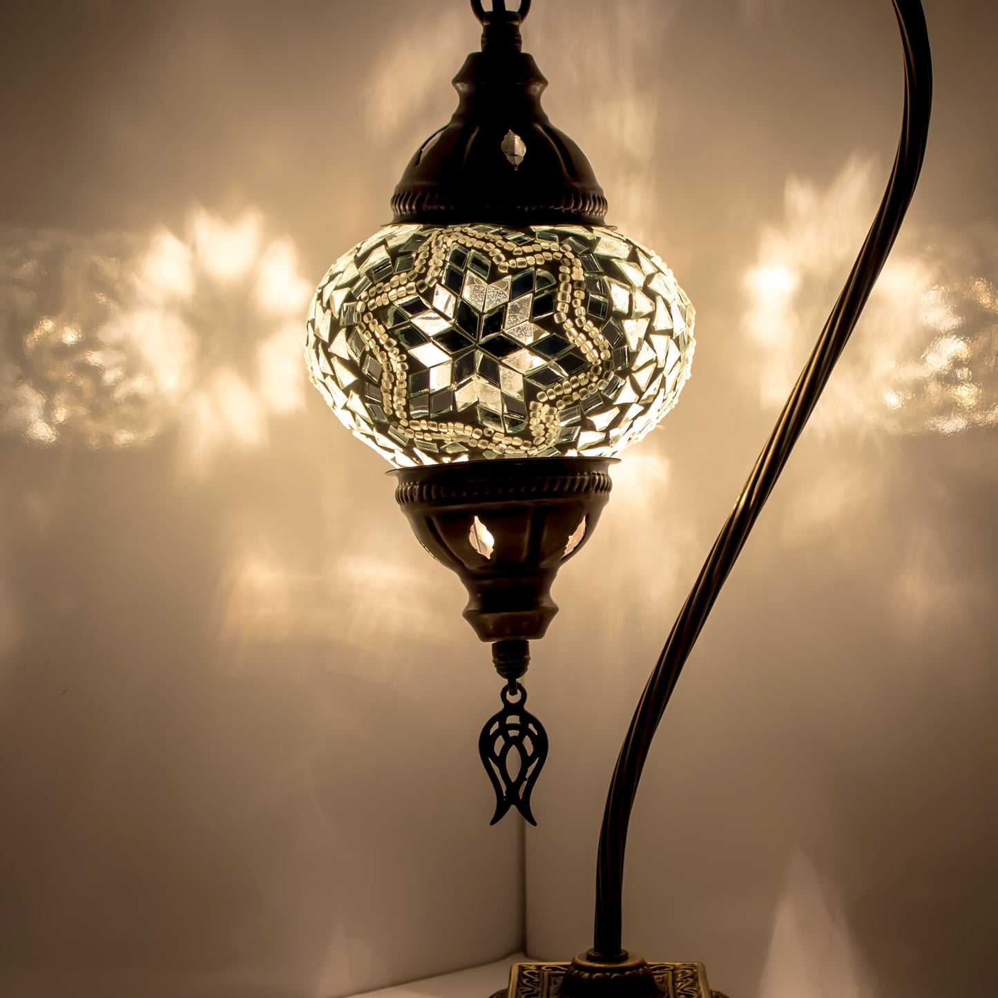 Turkish Bedside Table Desk Lamp Unique Mosaic Glass White Lamp Bronze Base with Led Bulb