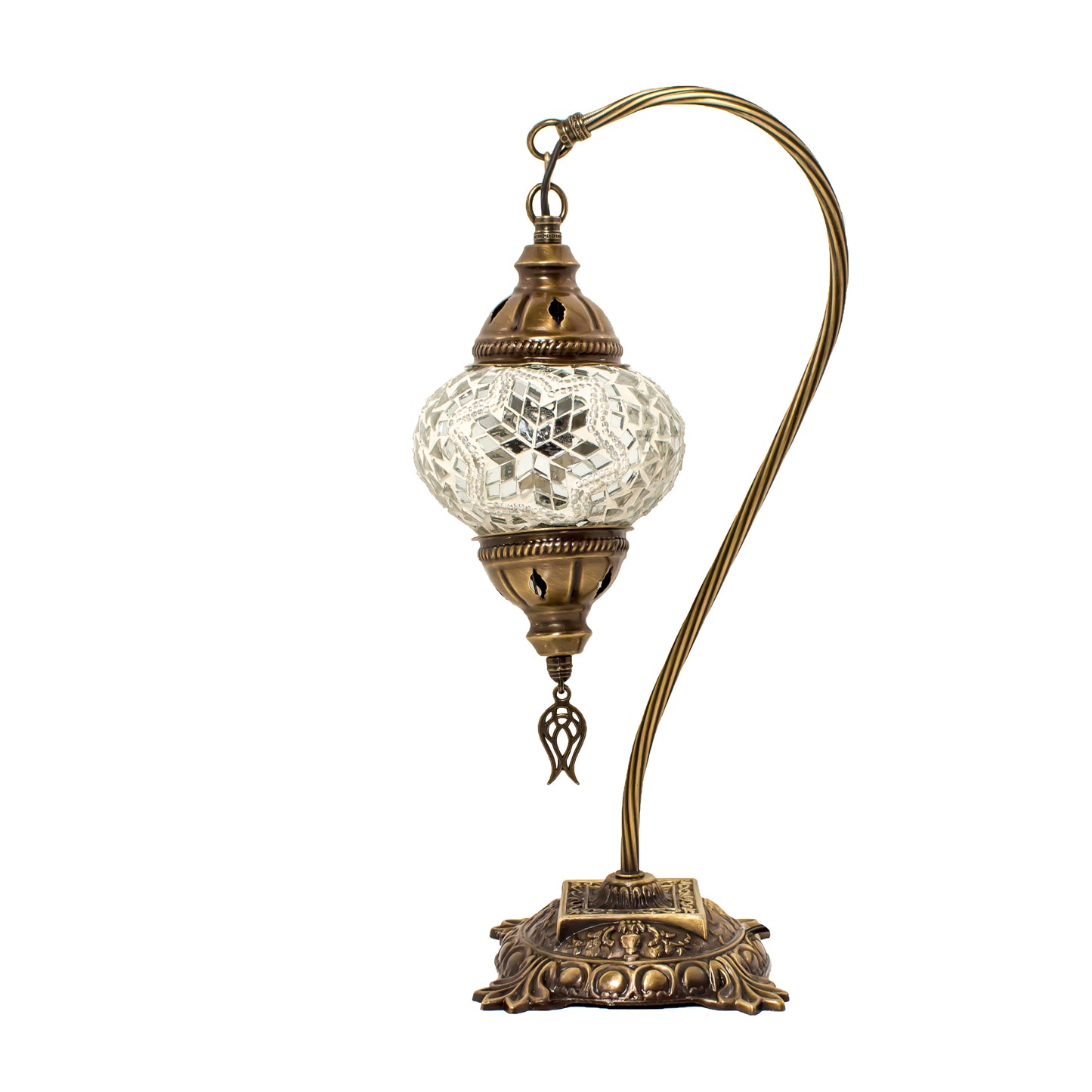 Turkish Bedside Table Desk Lamp Unique Mosaic Glass White Lamp Bronze Base with Led Bulb