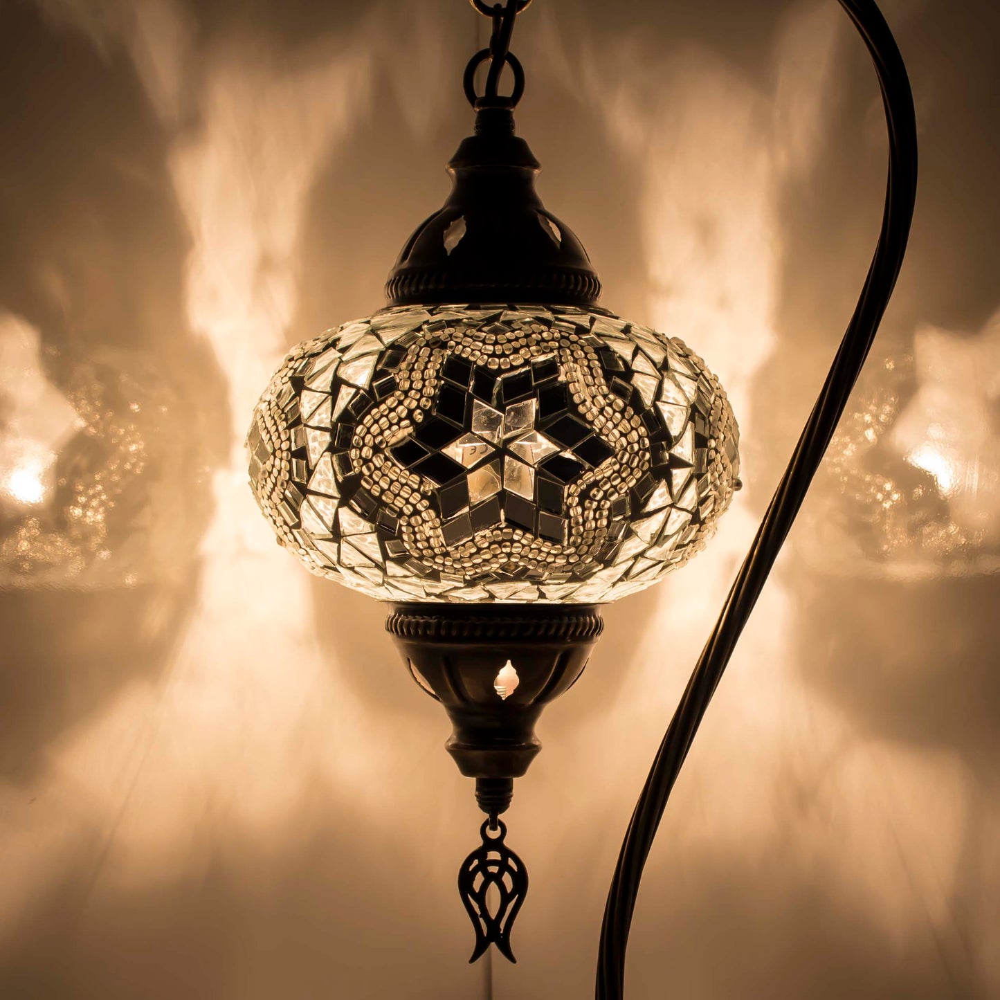 Turkish Bedside Table Desk Lamp Unique Mosaic Glass White Lamp Bronze Base with Led Bulb