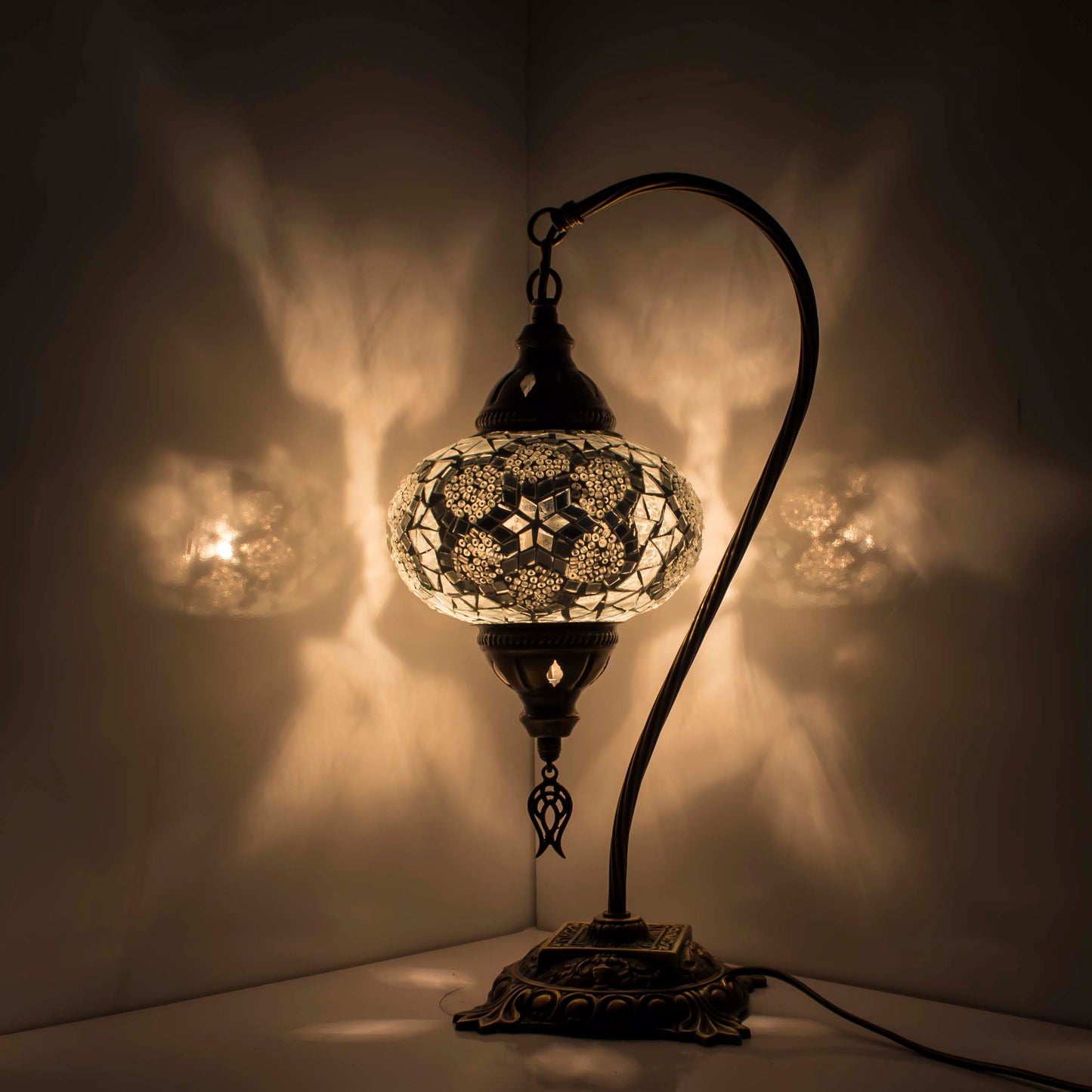 Turkish Bedside Table Desk Lamp Unique Mosaic Glass White Lamp Bronze Base with Led Bulb