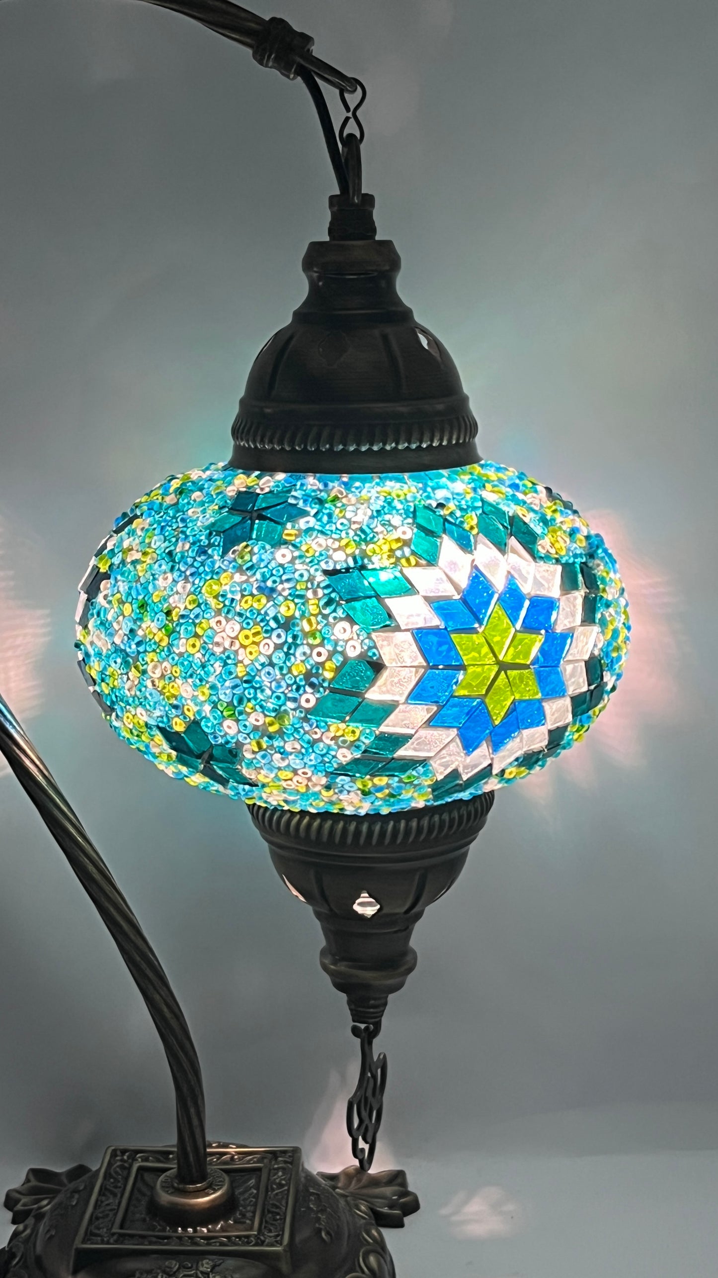 Turkish Bedside Table Desk Lamp Unique Mosaic Glass Turquoise Lamp Bronze Base with Led Bulb