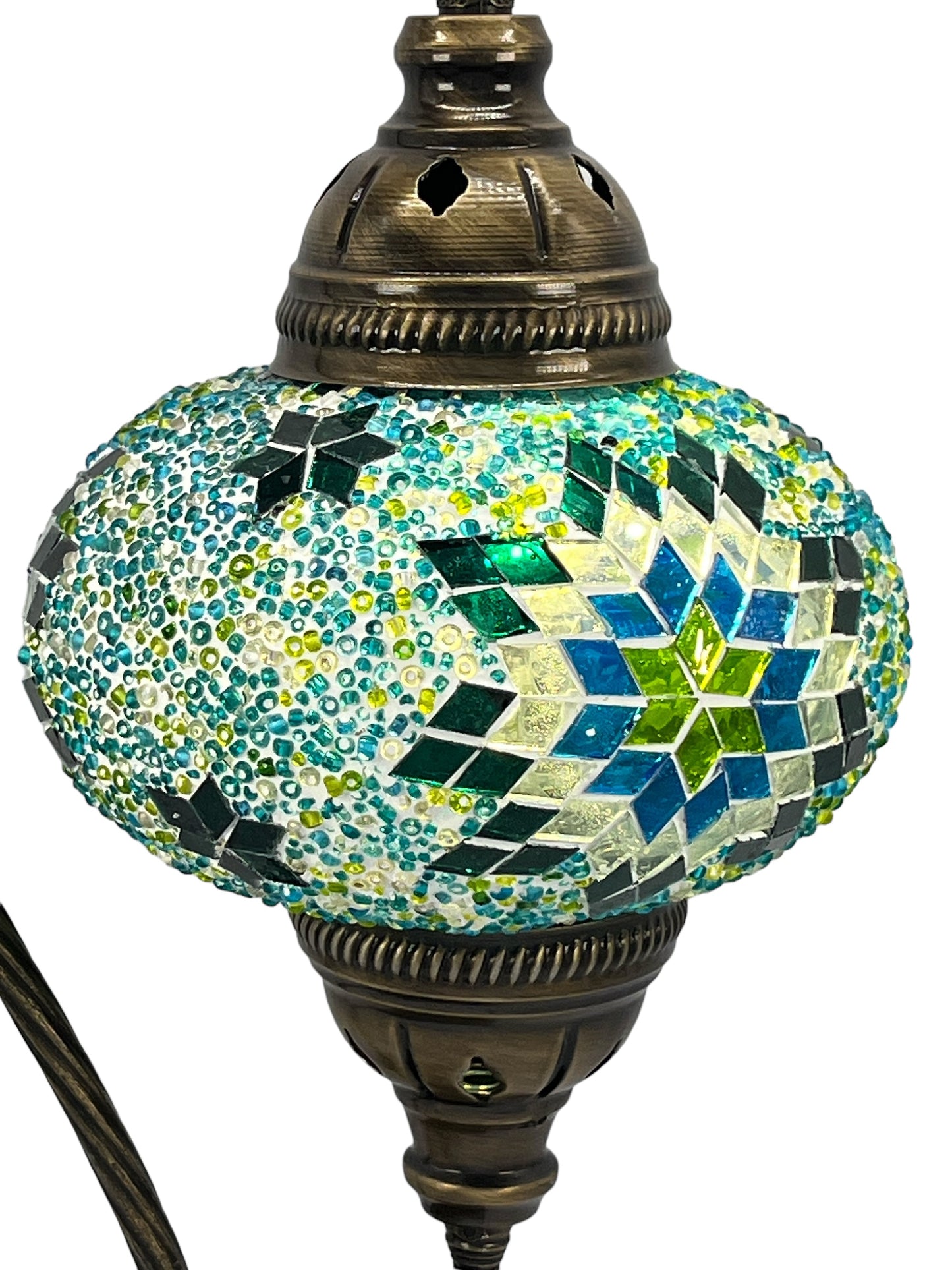 Turkish Bedside Table Desk Lamp Unique Mosaic Glass Turquoise Lamp Bronze Base with Led Bulb