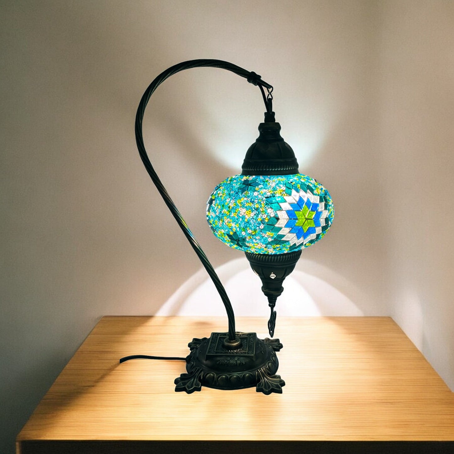 Turkish Bedside Table Desk Lamp Unique Mosaic Glass Turquoise Lamp Bronze Base with Led Bulb