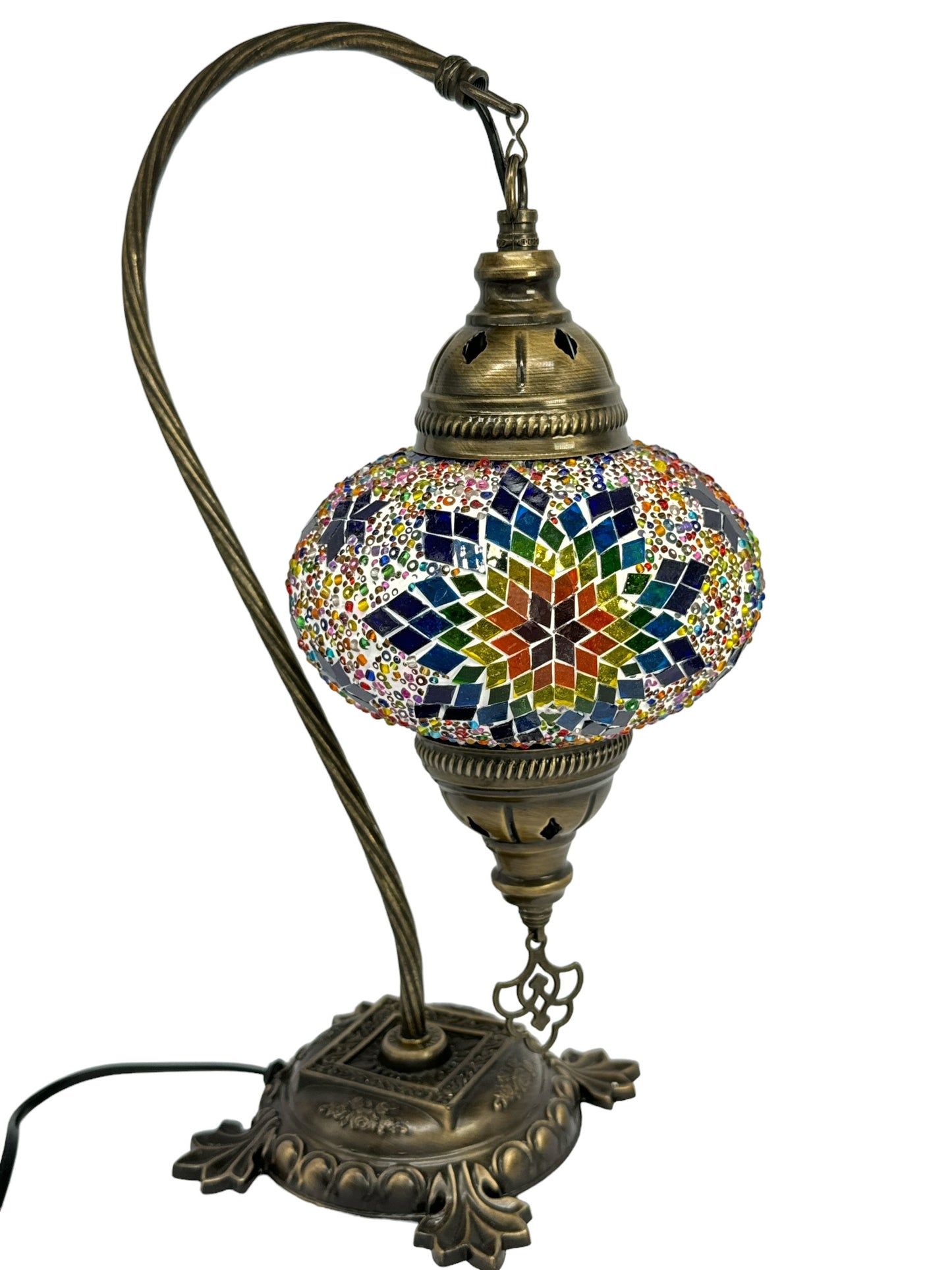 Turkish Bedside Table Desk Lamp Unique Mosaic Glass Multicolour Yellow Lamp Bronze Base with Led Bulb