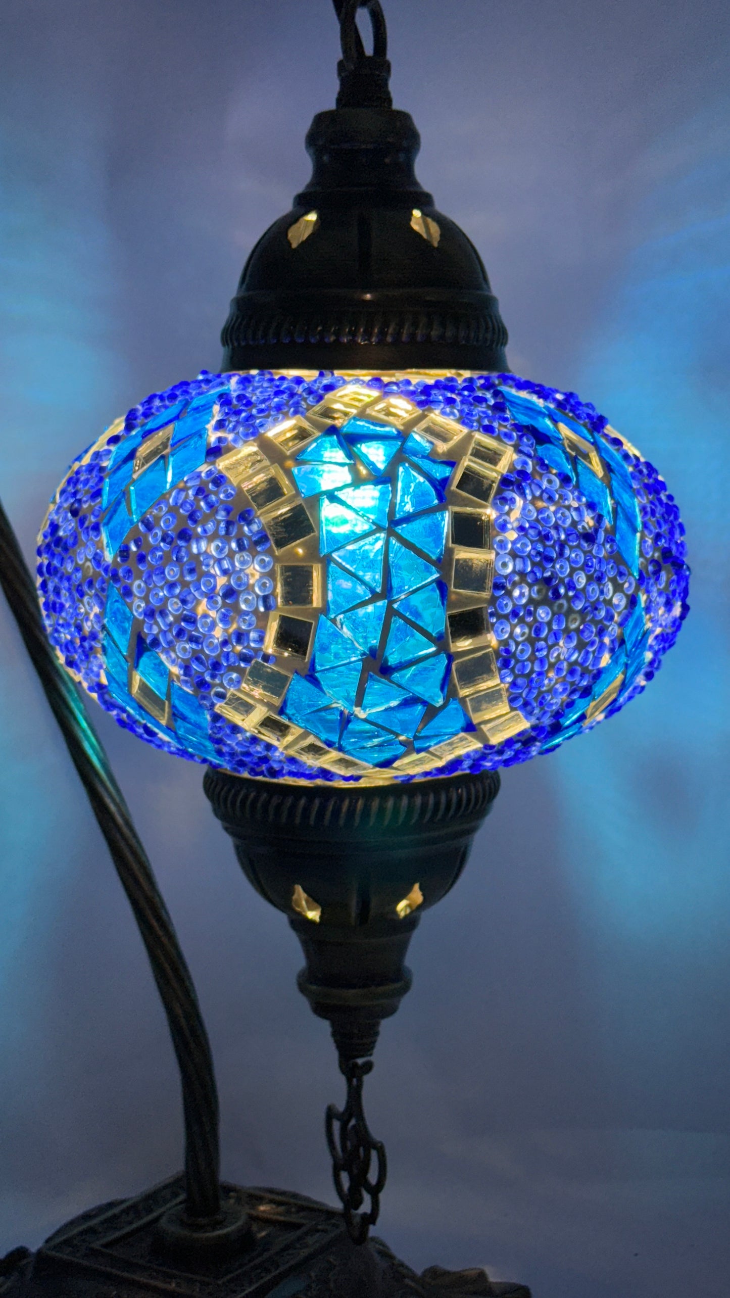 Turkish Bedside Table Desk Lamp Unique Mosaic Glass Blue Horizon Bronze Base with Led Bulb