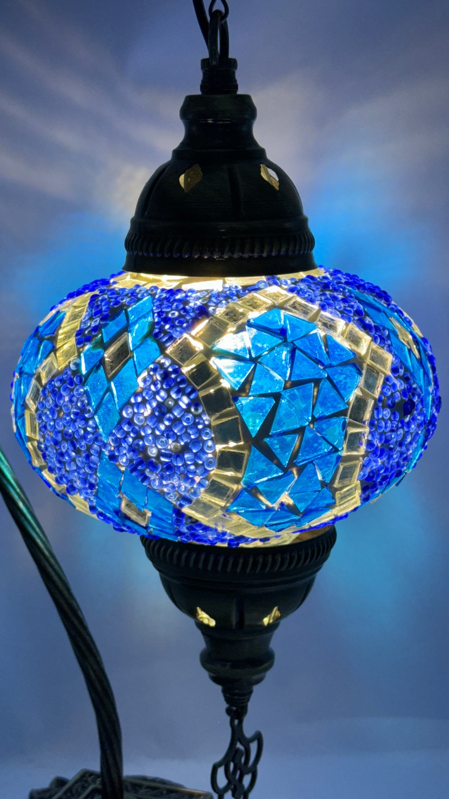 Turkish Bedside Table Desk Lamp Unique Mosaic Glass Blue Horizon Bronze Base with Led Bulb