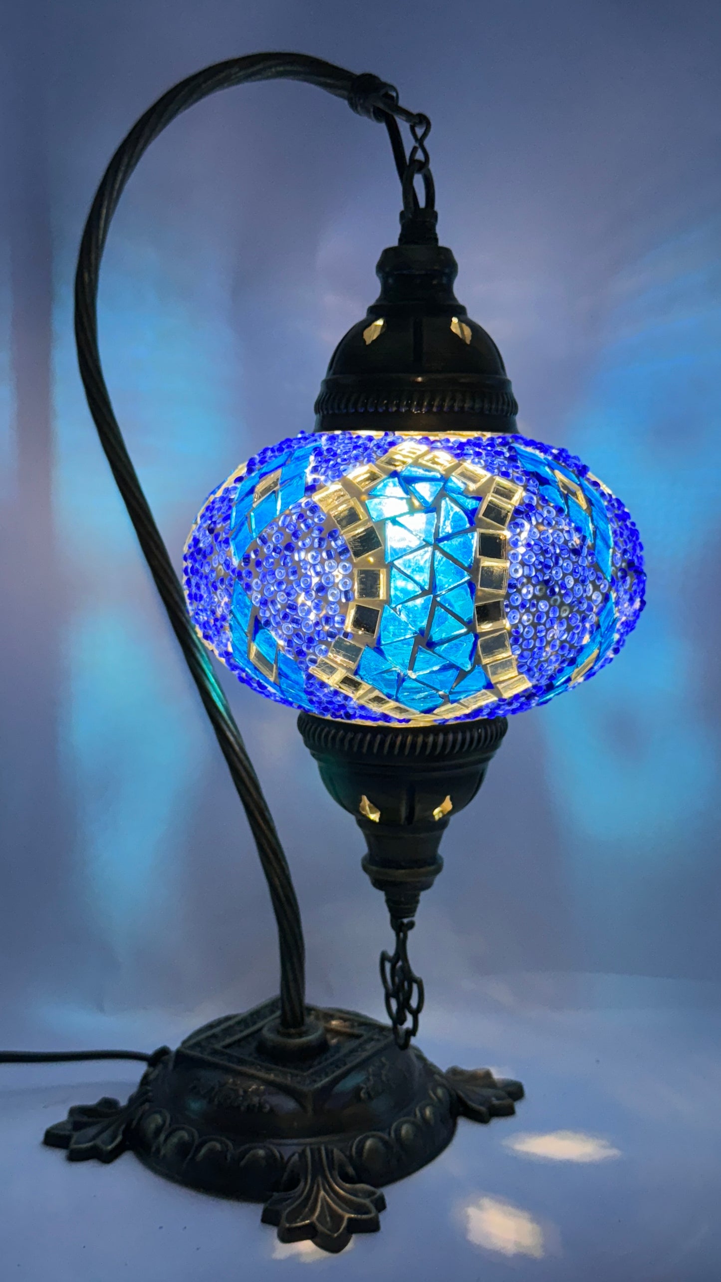 Turkish Bedside Table Desk Lamp Unique Mosaic Glass Blue Horizon Bronze Base with Led Bulb