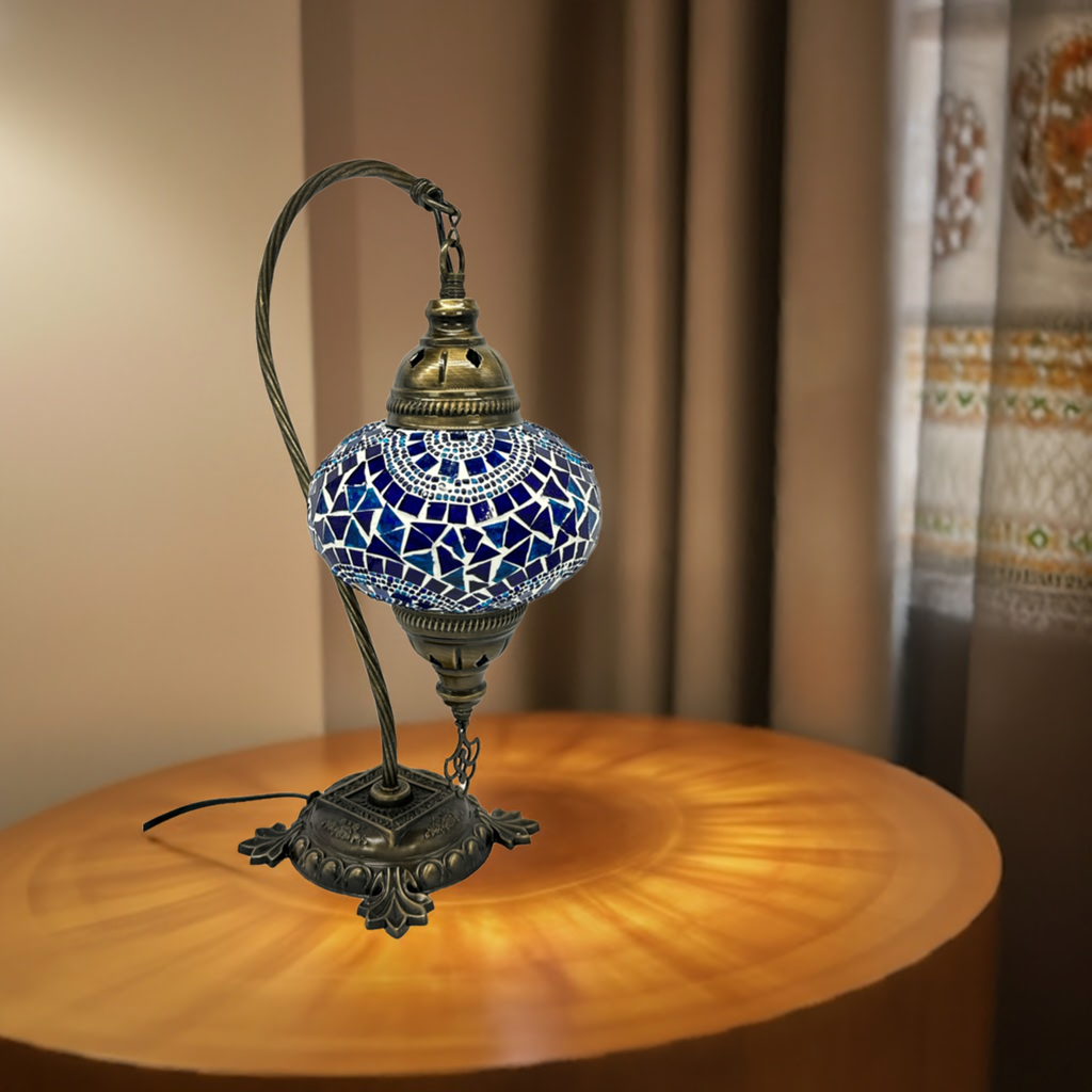 Turkish Bedside Table Desk Lamp Handmade Unique Mosaic Glass Blue Wave Bronze Base with Led Bulb
