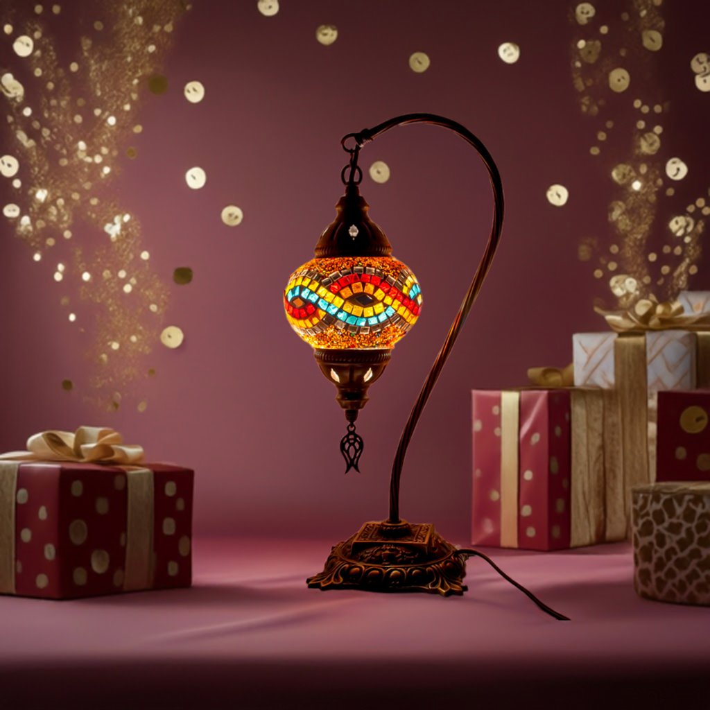 Turkish Bedside Table Desk Lamp Handmade Unique Mosaic Glass Multicoloured Lamp Bronze Base with Led Bulb