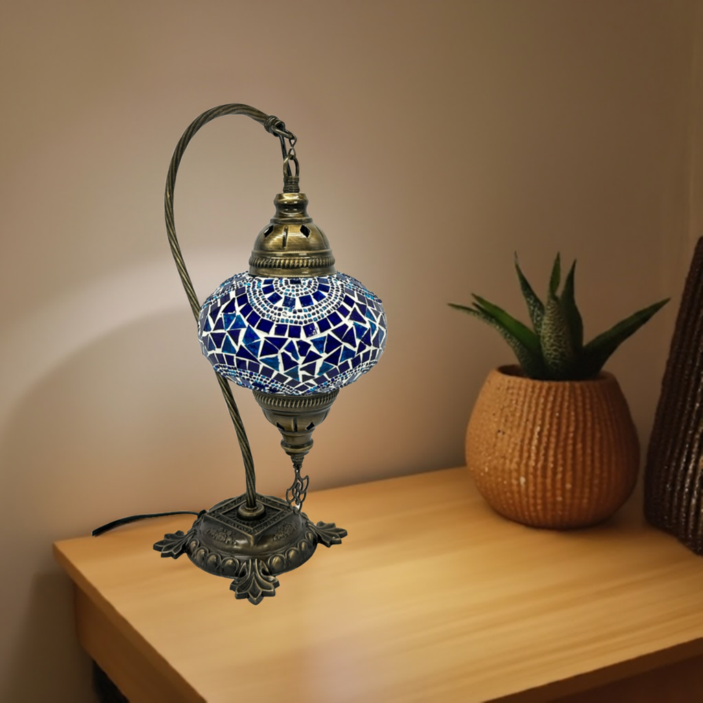 Turkish Bedside Table Desk Lamp Handmade Unique Mosaic Glass Blue Wave Bronze Base with Led Bulb
