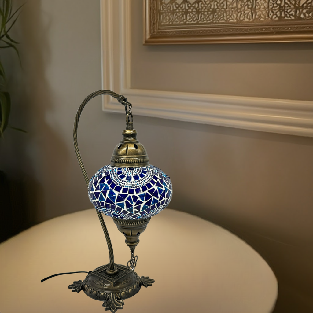 Turkish Bedside Table Desk Lamp Handmade Unique Mosaic Glass Blue Wave Bronze Base with Led Bulb