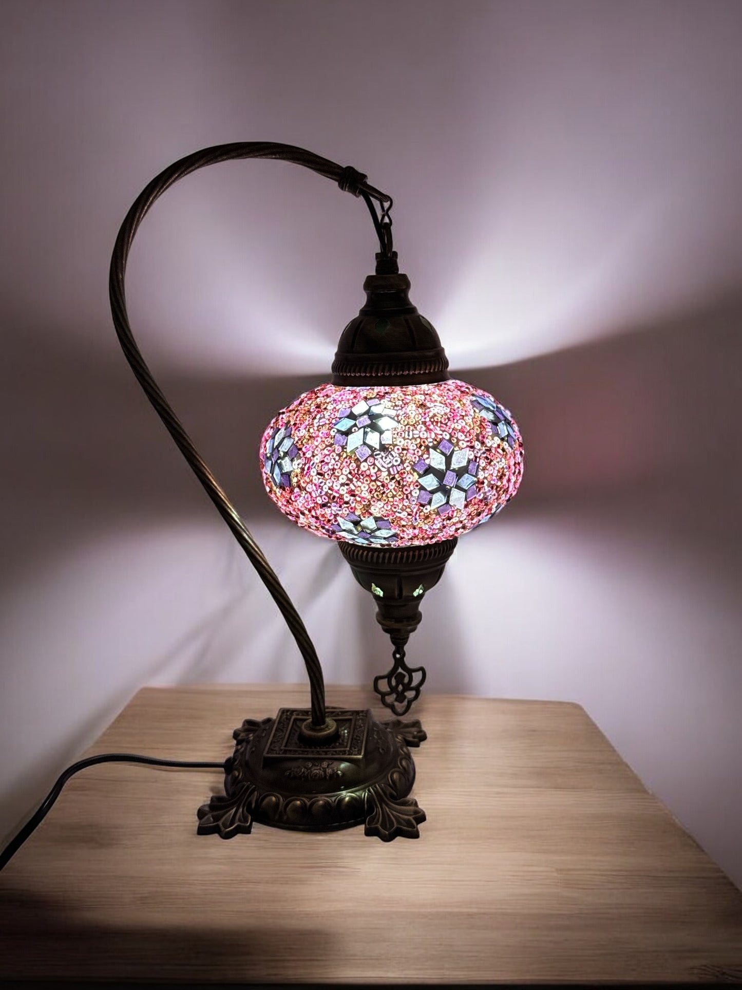 Turkish Bedside Table Desk Lamp Handmade Unique Mosaic Glass Pink Mini Star Bronze Base with Led Bulb