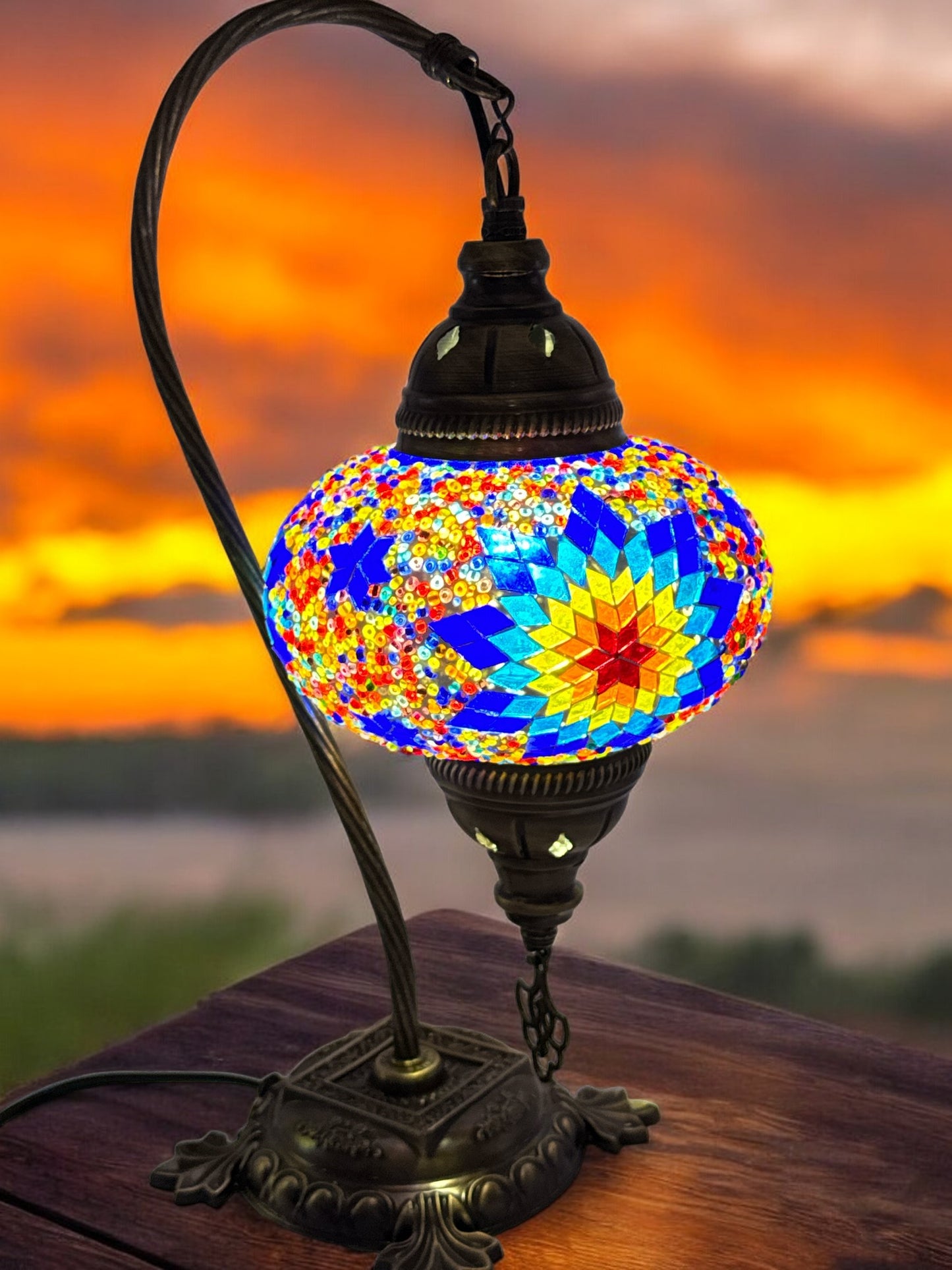 Turkish Bedside Table Desk Lamp Unique Mosaic Glass Multicolour Yellow Lamp Bronze Base with Led Bulb