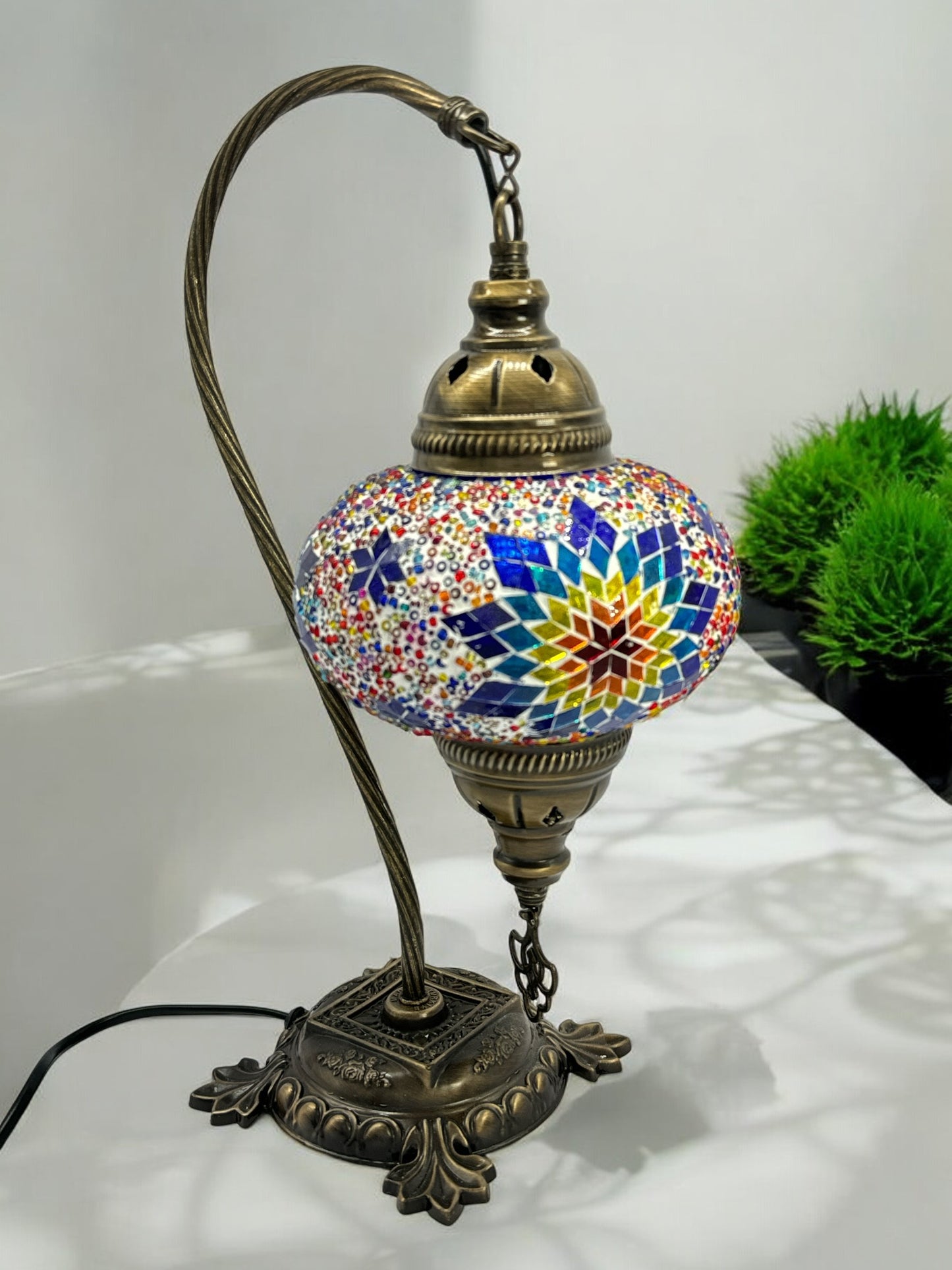 Turkish Bedside Table Desk Lamp Unique Mosaic Glass Multicolour Yellow Lamp Bronze Base with Led Bulb