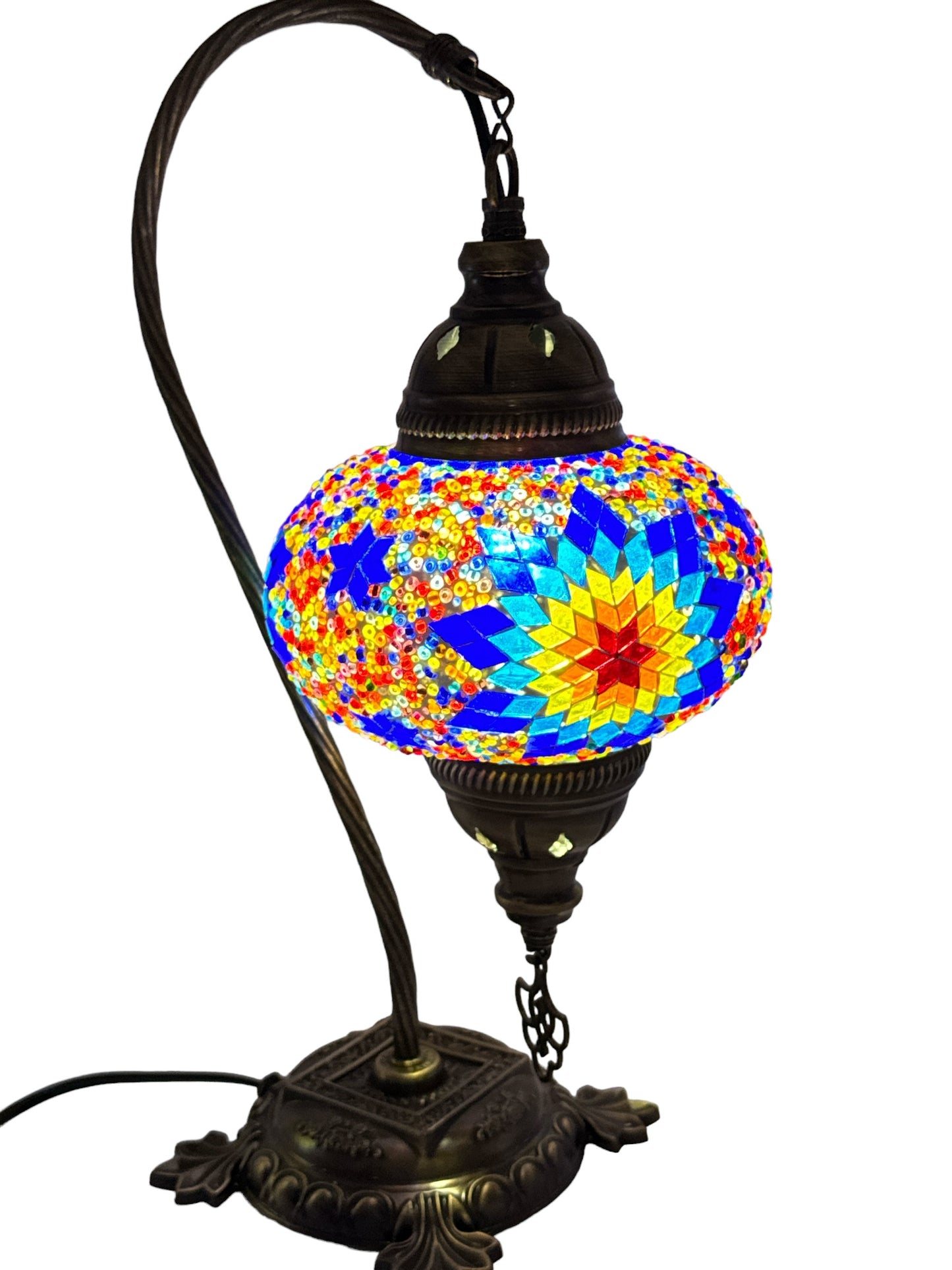 Turkish Bedside Table Desk Lamp Unique Mosaic Glass Multicolour Yellow Lamp Bronze Base with Led Bulb