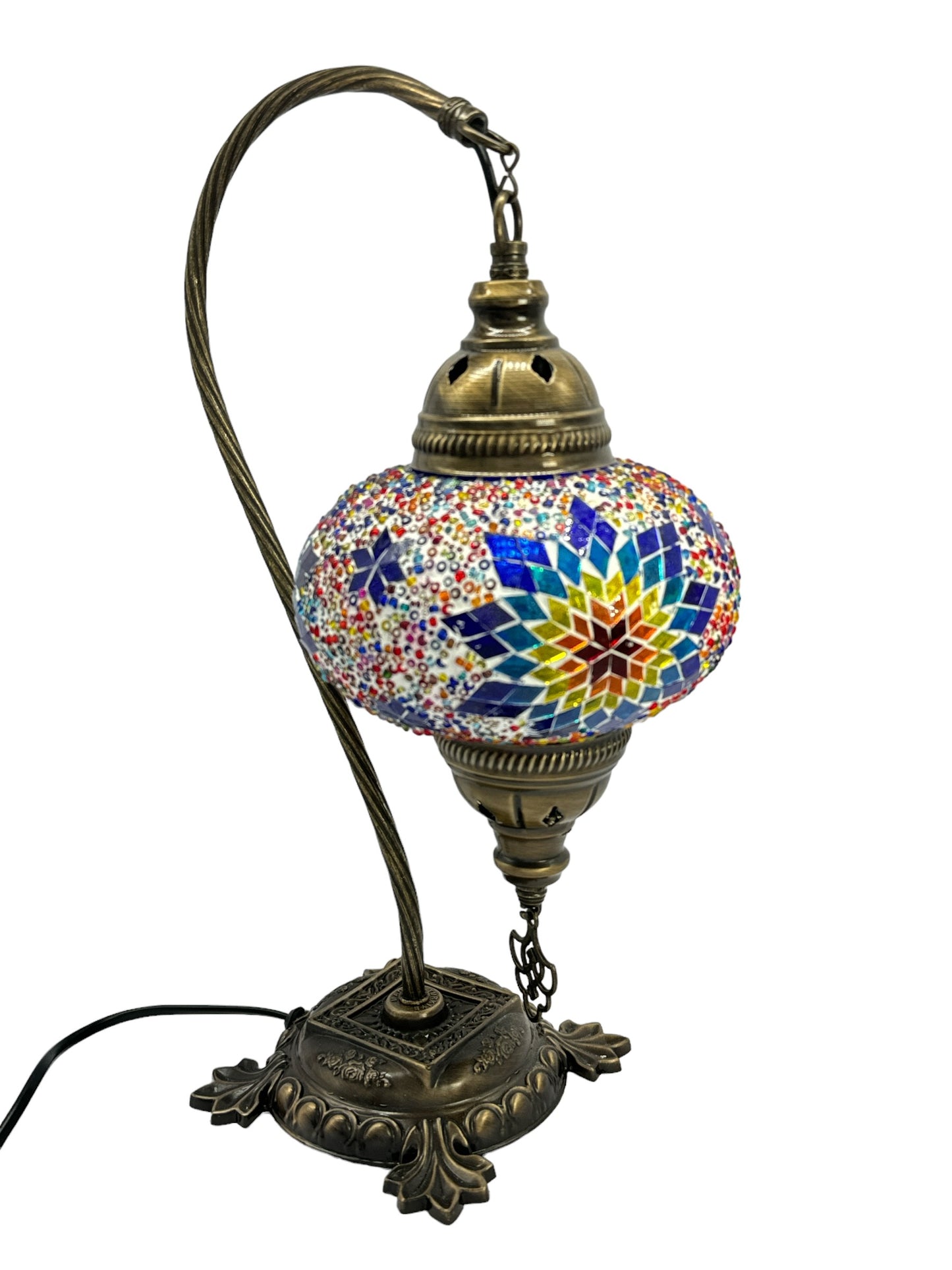 Turkish Bedside Table Desk Lamp Unique Mosaic Glass Multicolour Yellow Lamp Bronze Base with Led Bulb