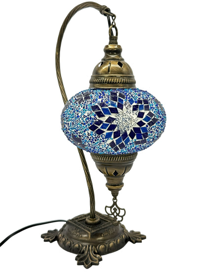 Turkish Bedside Table Desk Lamp Unique Mosaic Glass Blue Star Bronze Base with Led Bulb