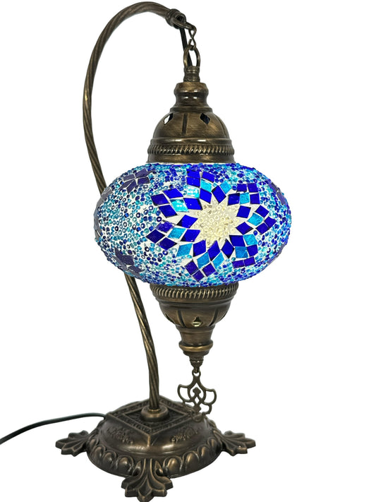 Turkish Bedside Table Desk Lamp Unique Mosaic Glass Blue Star Bronze Base with Led Bulb
