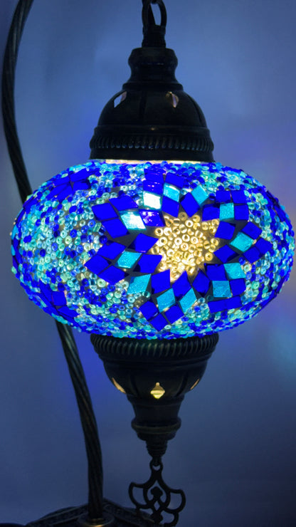 Turkish Bedside Table Desk Lamp Unique Mosaic Glass Blue Star Bronze Base with Led Bulb