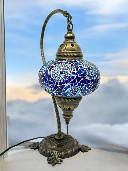 Turkish Moroccan Bedside Table Desk Lamp Handmade Unique Mosaic Glass Blue Circle Bronze Base with Led Bulb