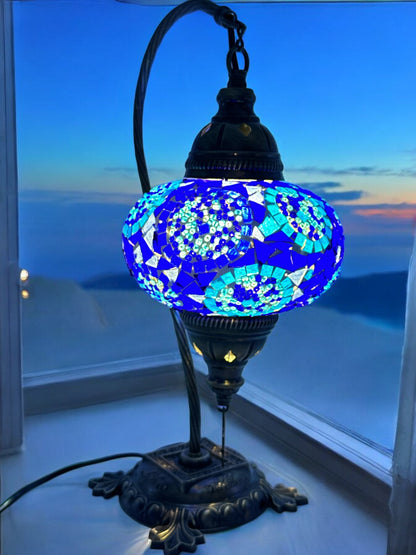 Turkish Moroccan Bedside Table Desk Lamp Handmade Unique Mosaic Glass Blue Circle Bronze Base with Led Bulb