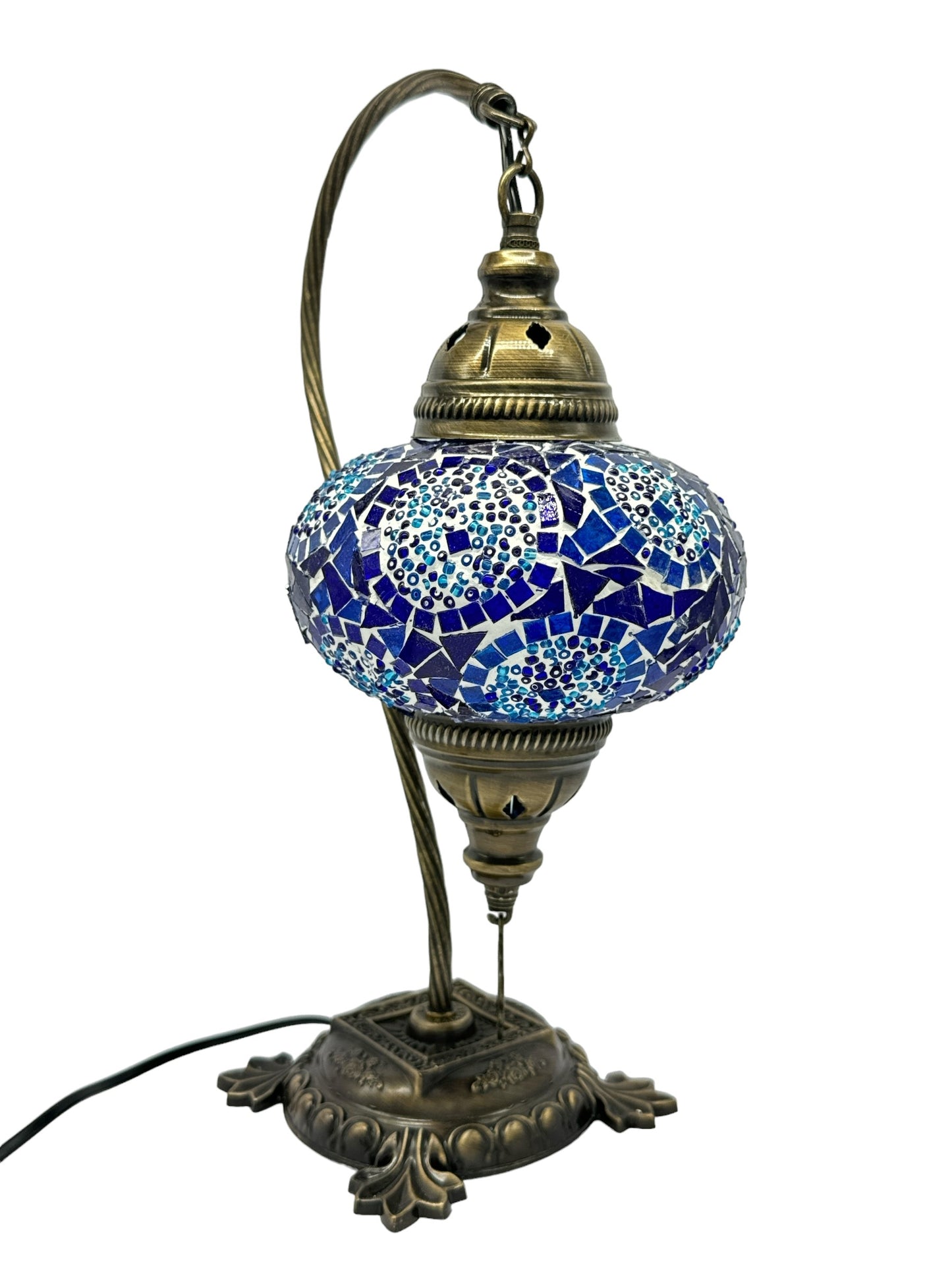 Turkish Moroccan Bedside Table Desk Lamp Handmade Unique Mosaic Glass Blue Circle Bronze Base with Led Bulb